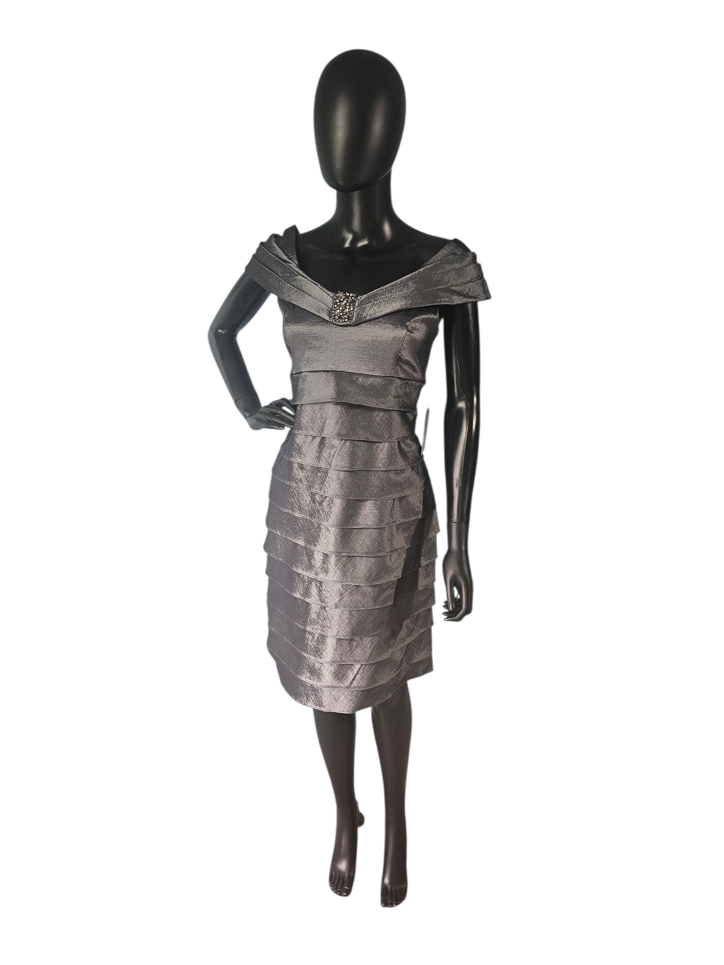 Silver Off Shoulder Tiered Cocktail Dress - Jessica Howard