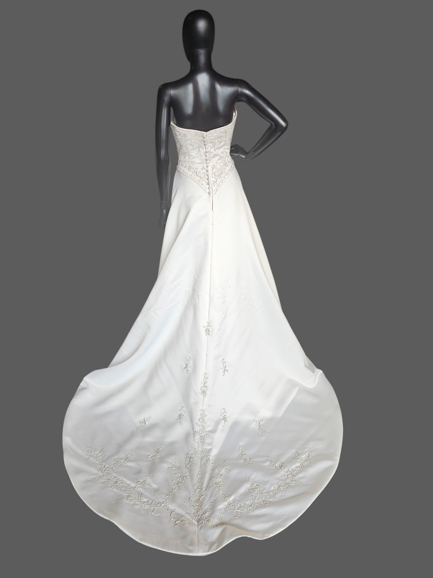 Vintage White/Blush Accent Asymetric A-Line Satin Wedding Gown - Mori Lee