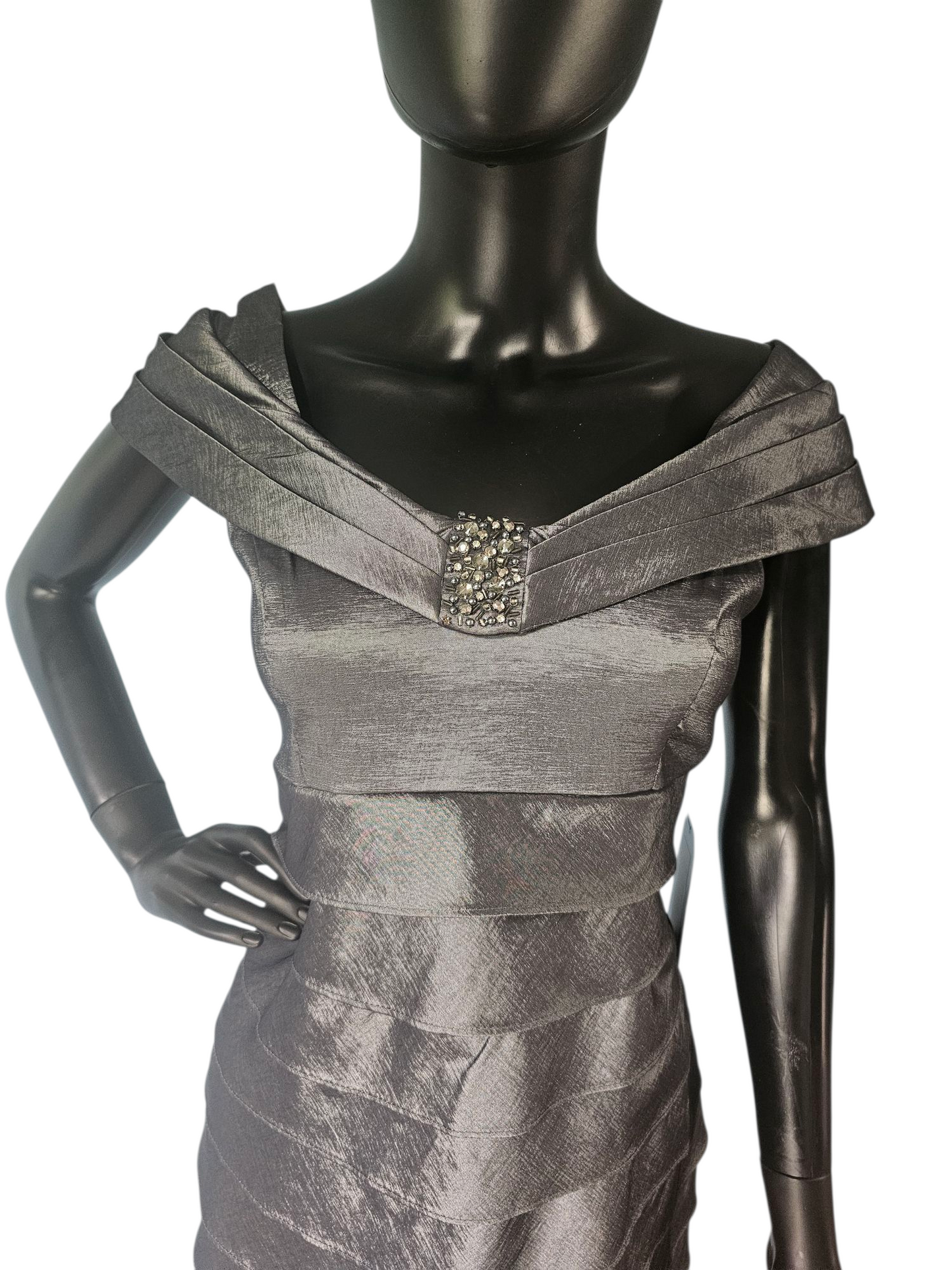 Silver Off Shoulder Tiered Cocktail Dress - Jessica Howard