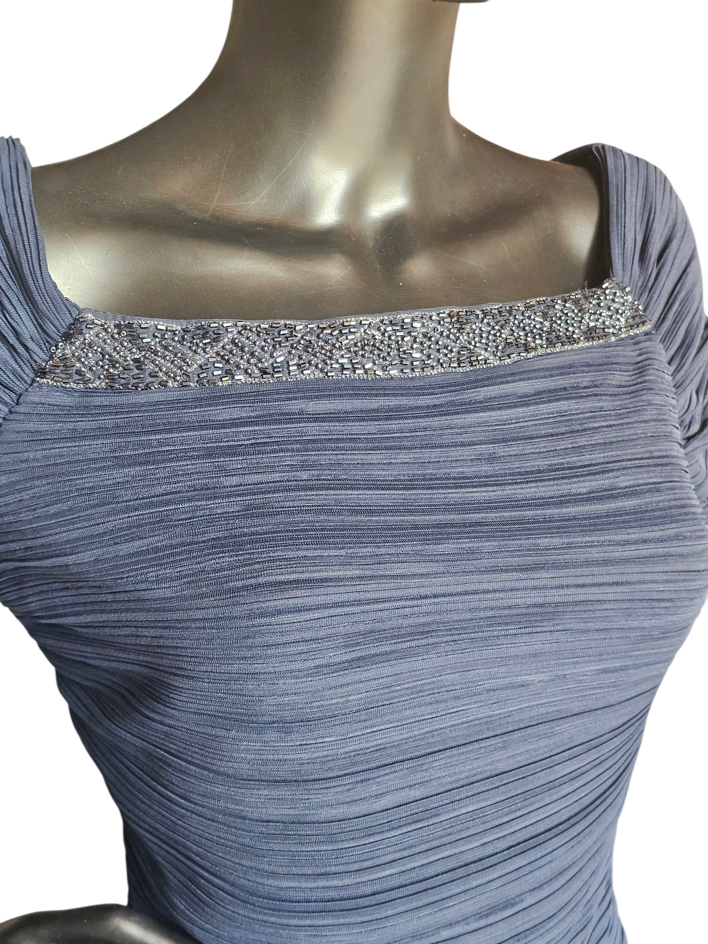 Navy Shirred Cap Sleeve Formal Dress