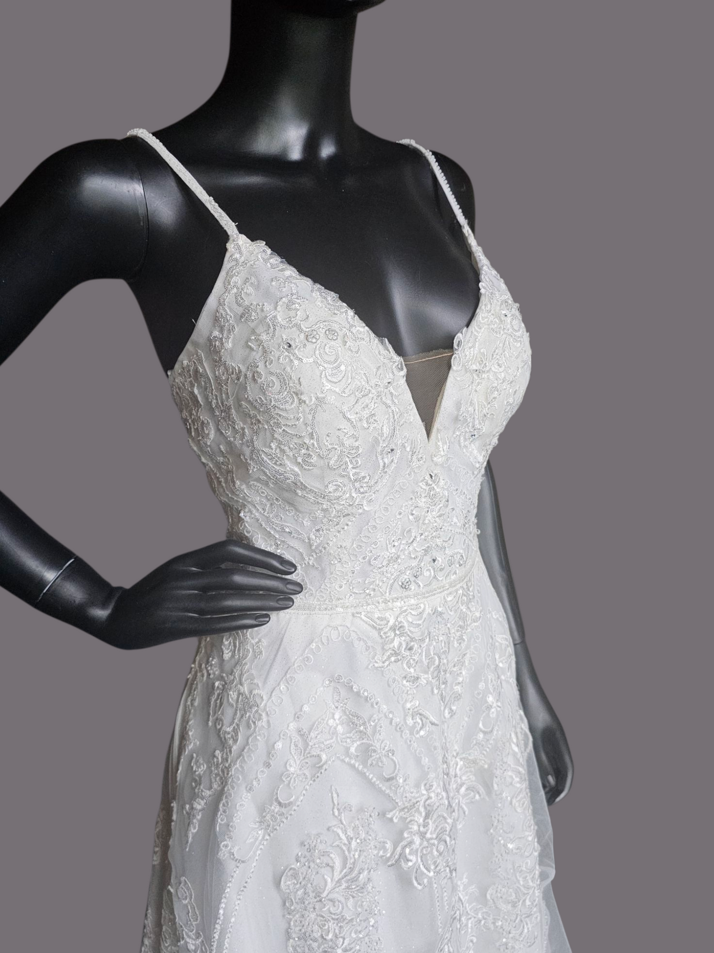 Sparkle A-Line Plunge Spaghetti Strap Wedding Gown - Oleg Cassini