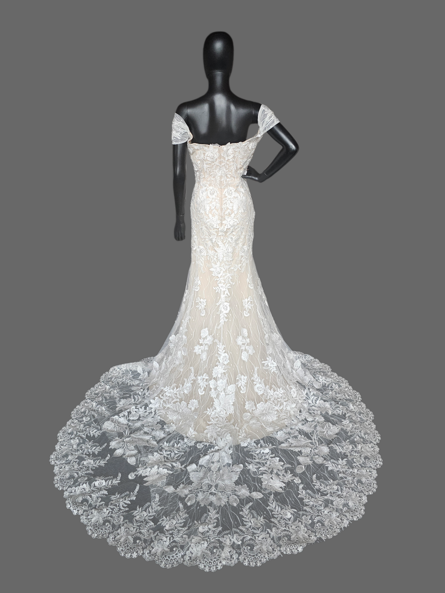 Ivory/Honey Layered Lace Fitted Off Shoulder Wedding Gown - Martin Thornburg