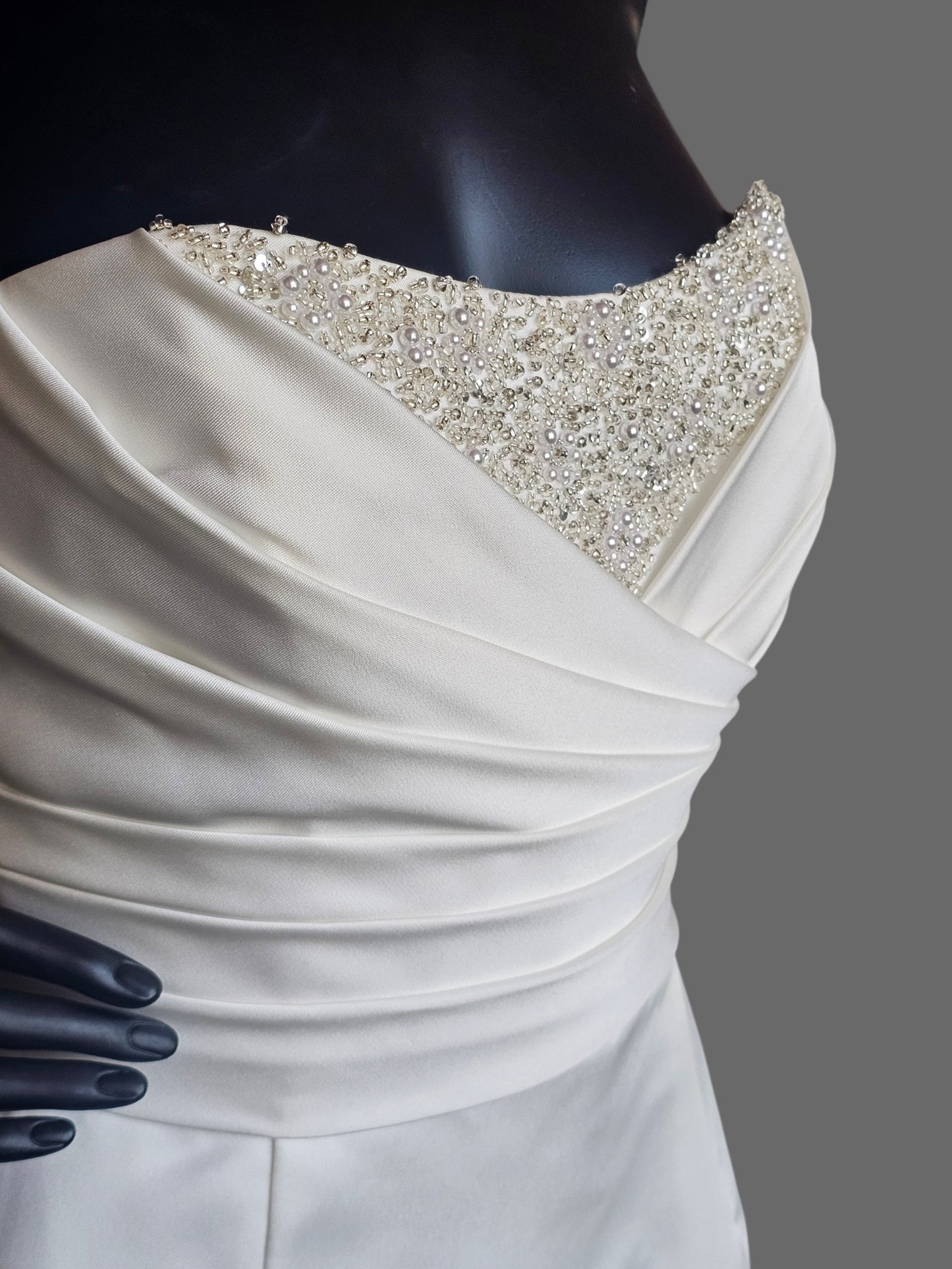 Cream Silky Satin Strapless Beaded Side Sweep Wedding Gown - Alfred Angelo