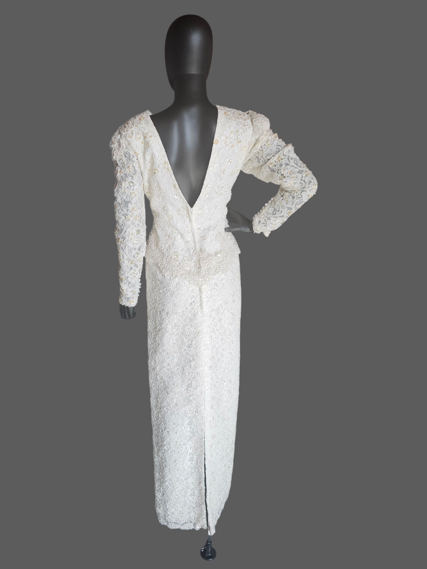 Vintage Ivory Beaded Lace Long Sleeve Fitted Sheath Wedding Gown