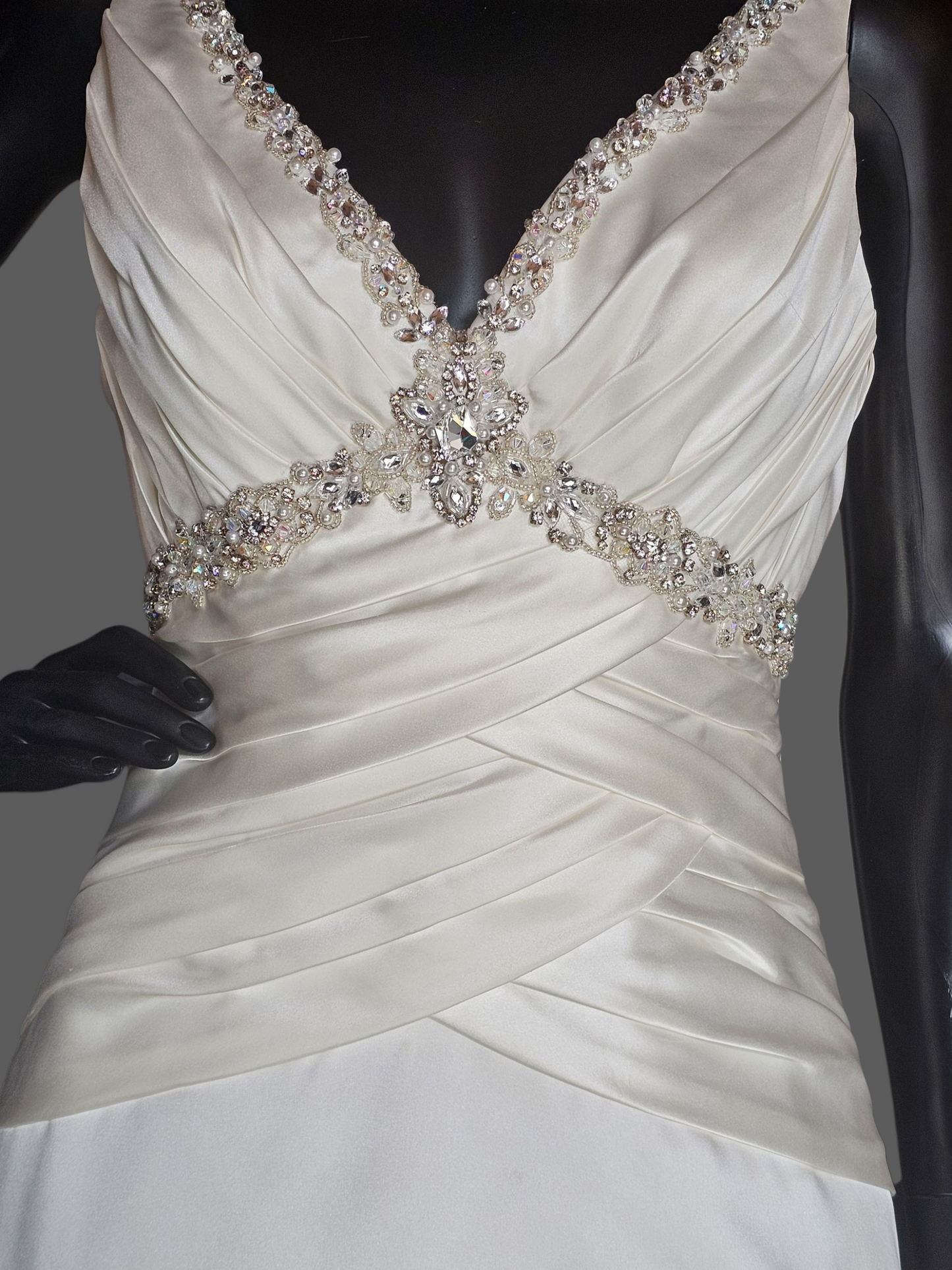 Ivory Satin V-Neck Jewel Detail A-Line Wedding Gown - Mori Lee
