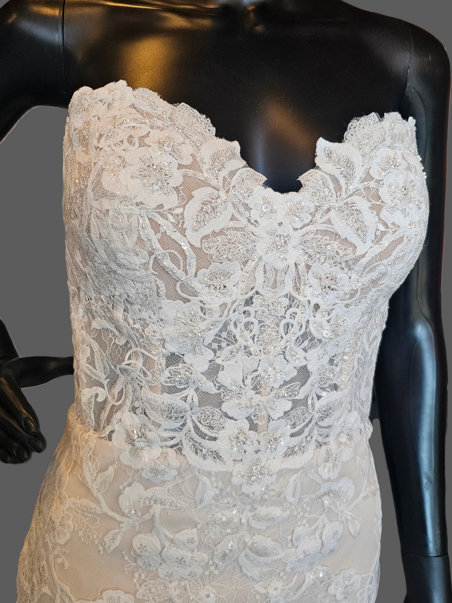 Ivory/Honey Beaded Fitted Lace Sweetheart Strapless Wedding Dress - Mori Lee