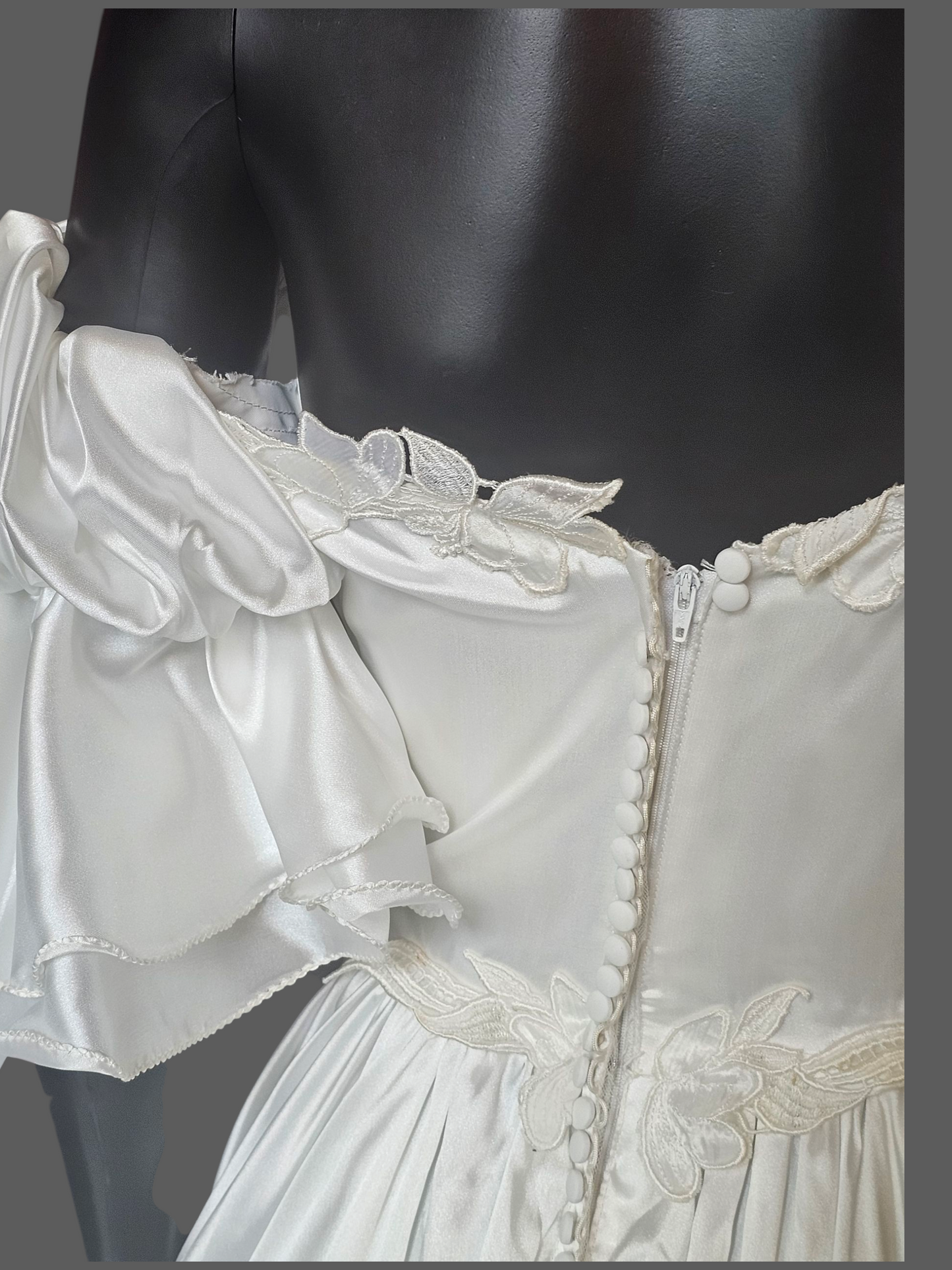 Vintage White Charmeuse Off Shoulder Wedding Gown