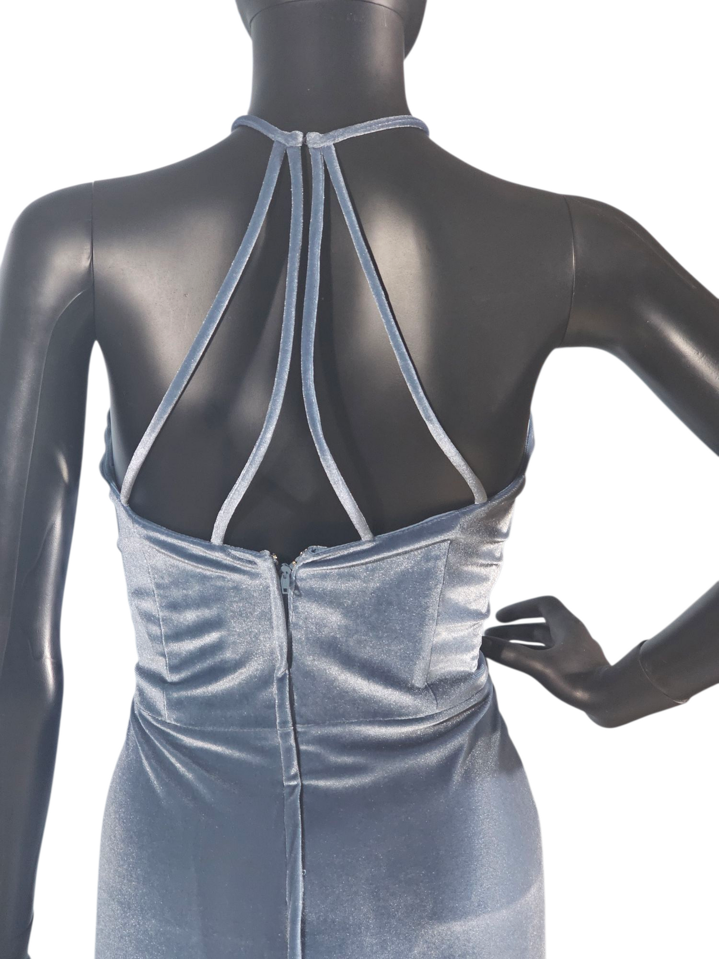 Slate Stretch Velvet Multi-Strap Maxi Formal Dress - Mori Lee