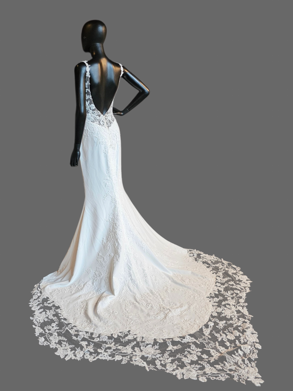 White Lace Fit/Flare Slit V-Plunge Wedding Gown - Beloved