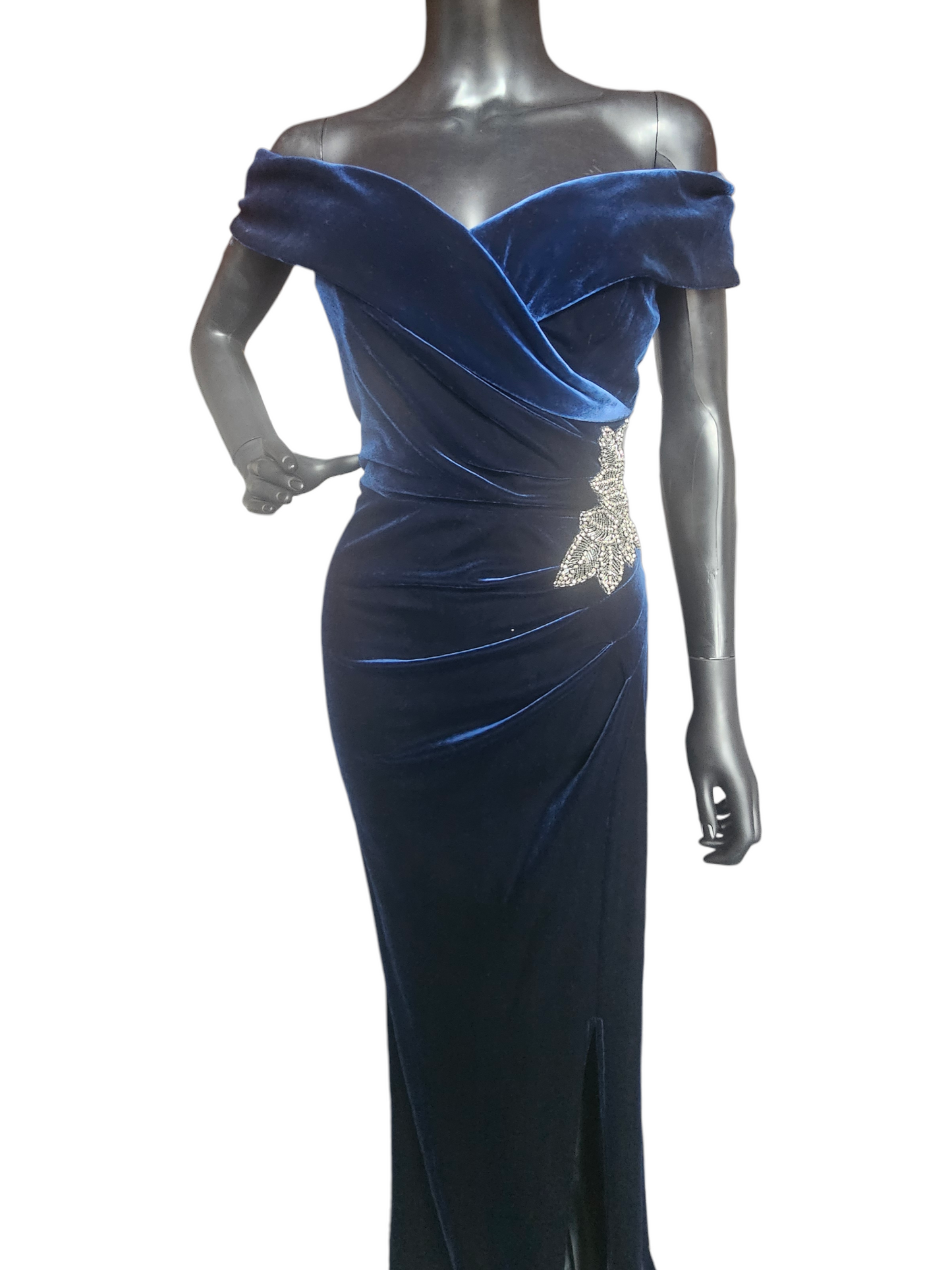 Navy Velvet Off Shoulder Formal Dress - Alex Evenings