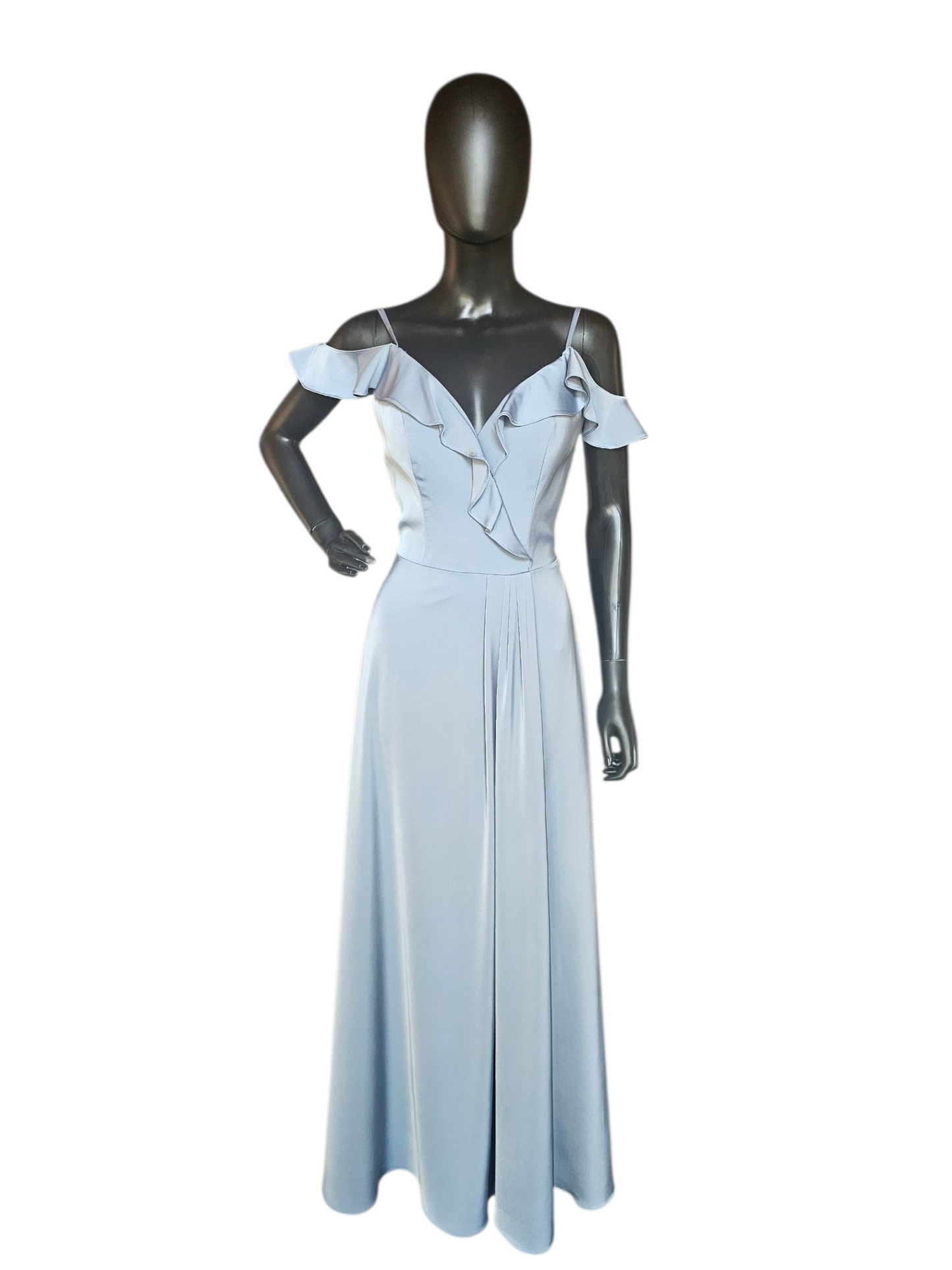 Dusty Blue Soft Satin Flutter Sleeve Full Length Formal Dress - Da Vinci