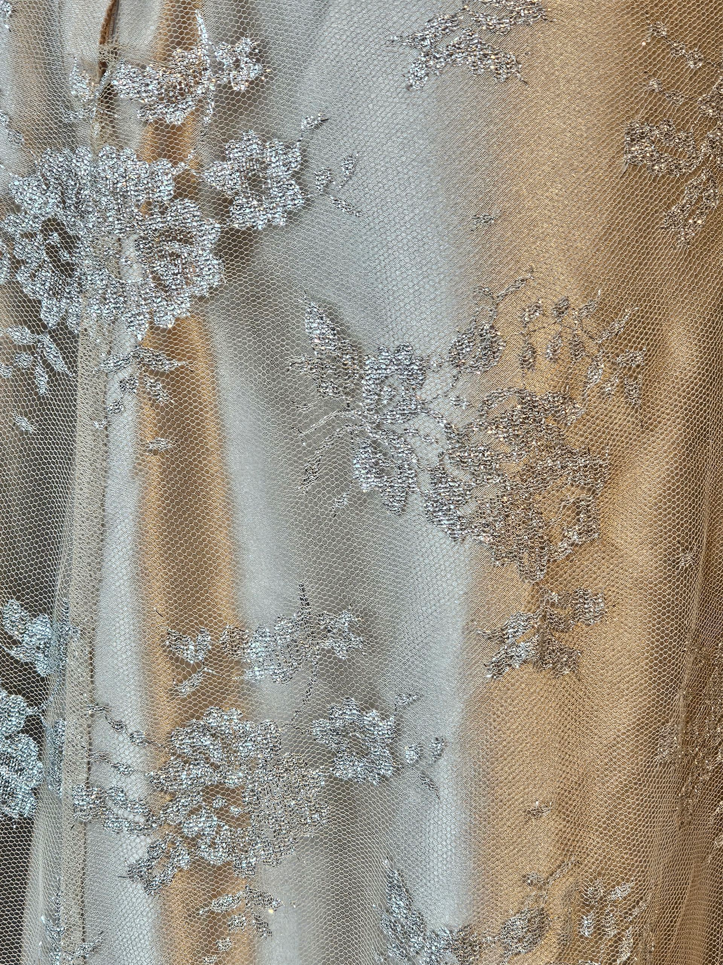 Gold Satin/Silver Lace V-Neck Tiered Fit/Flare Formal Gown - JS Collections