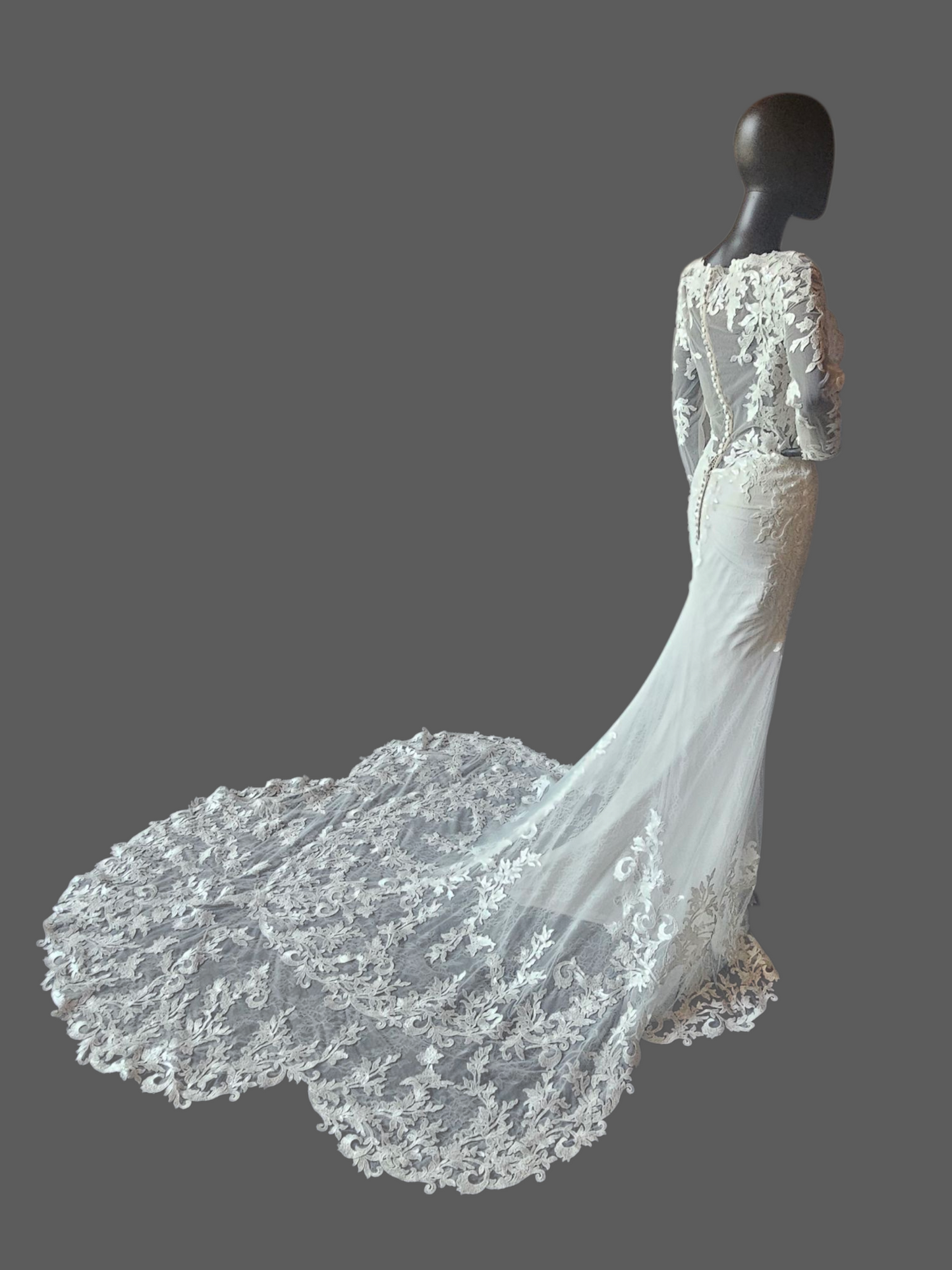 Ivory Lace Overlay Long Sleeve Plunge Fit/Flare Scallop Train Wedding Gown - Mori Lee