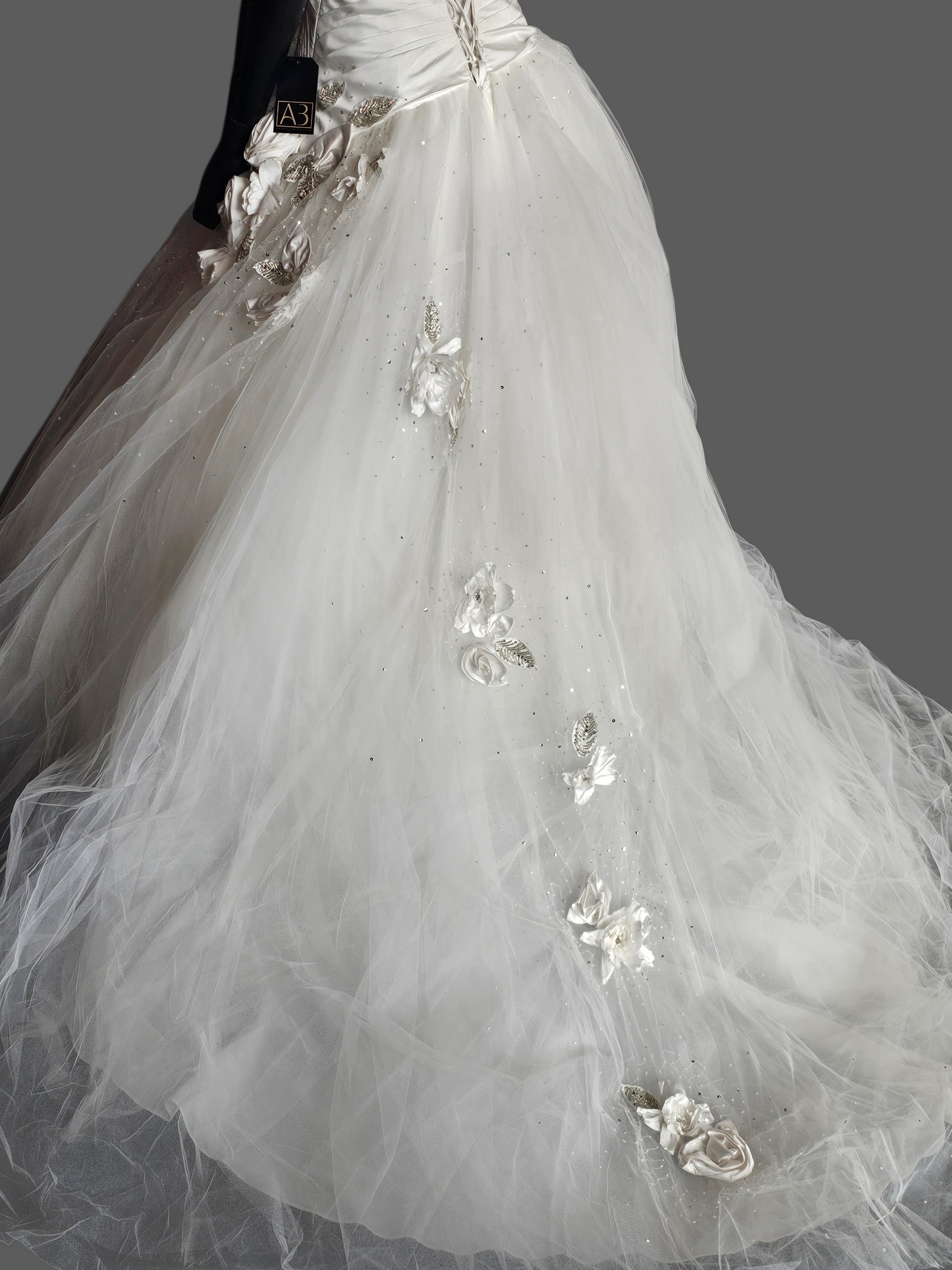 White Asymmetrical Floral Accent Wedding Ballgown - Bill Levkoff