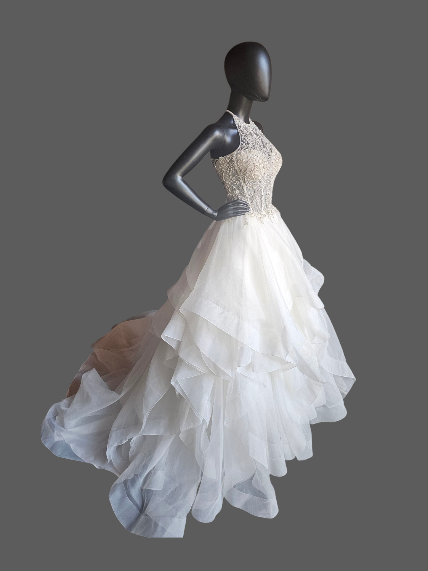 Ivory Horsehair Tiered Illusion Halter A-line NWOT Wedding Gown - Mori Lee