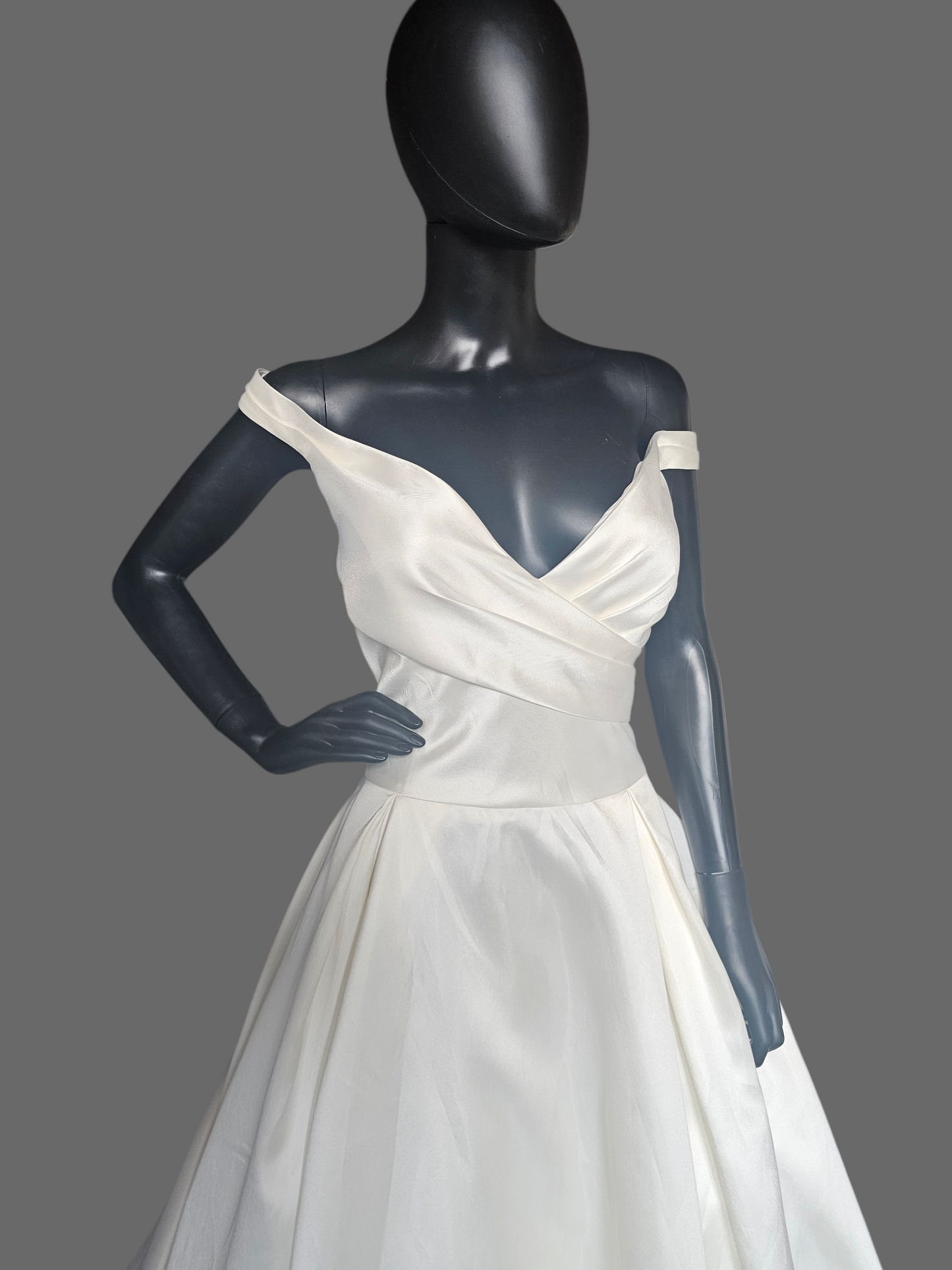 Ivory Mikado Off Shoulder  A-Line Wedding Gown W/Removable Bow - Ashley + Justin