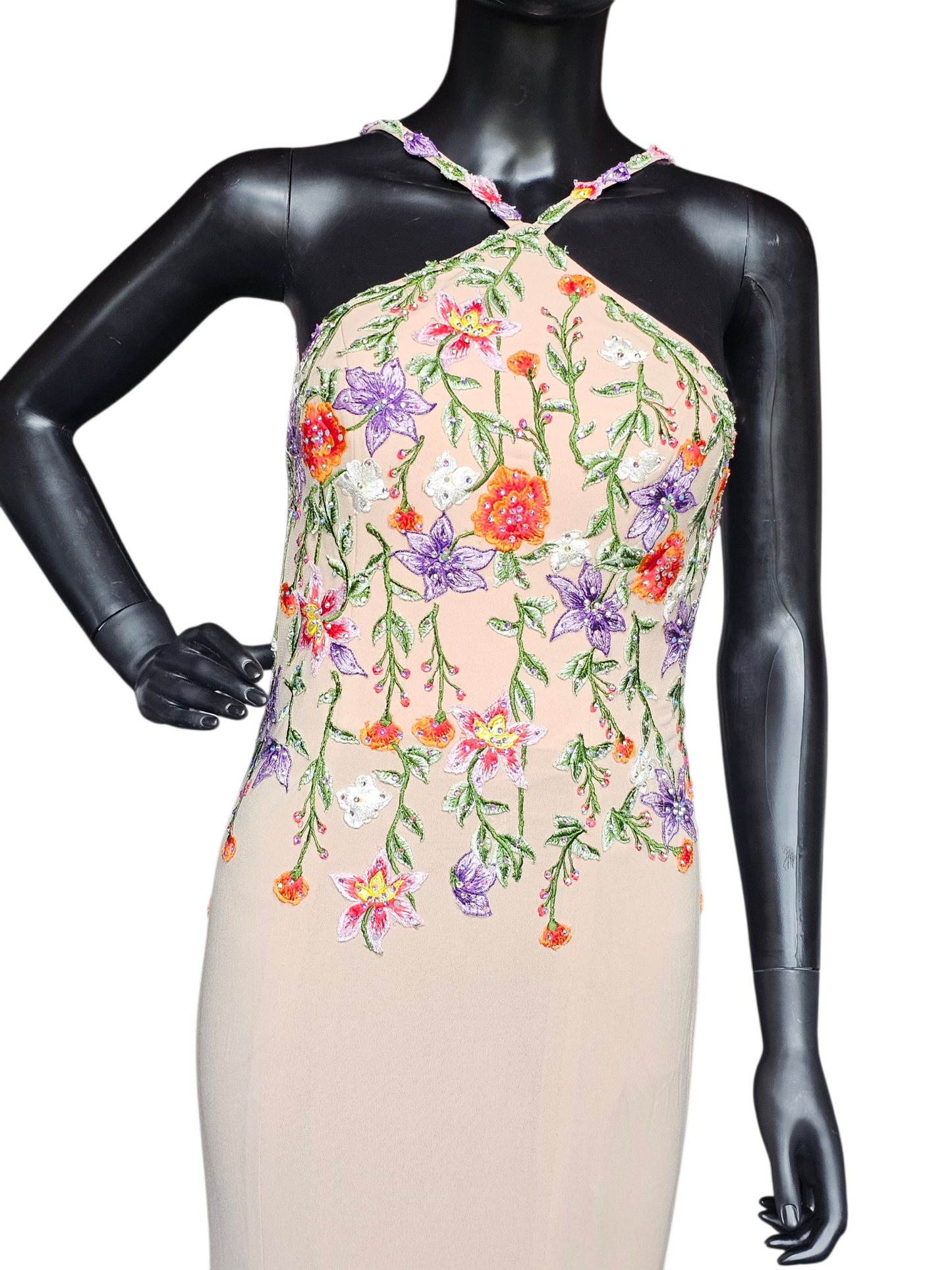 Nude/Multi Floral Halter Stretch Jersey Fit/Flare Formal Dress NWT - Jovani