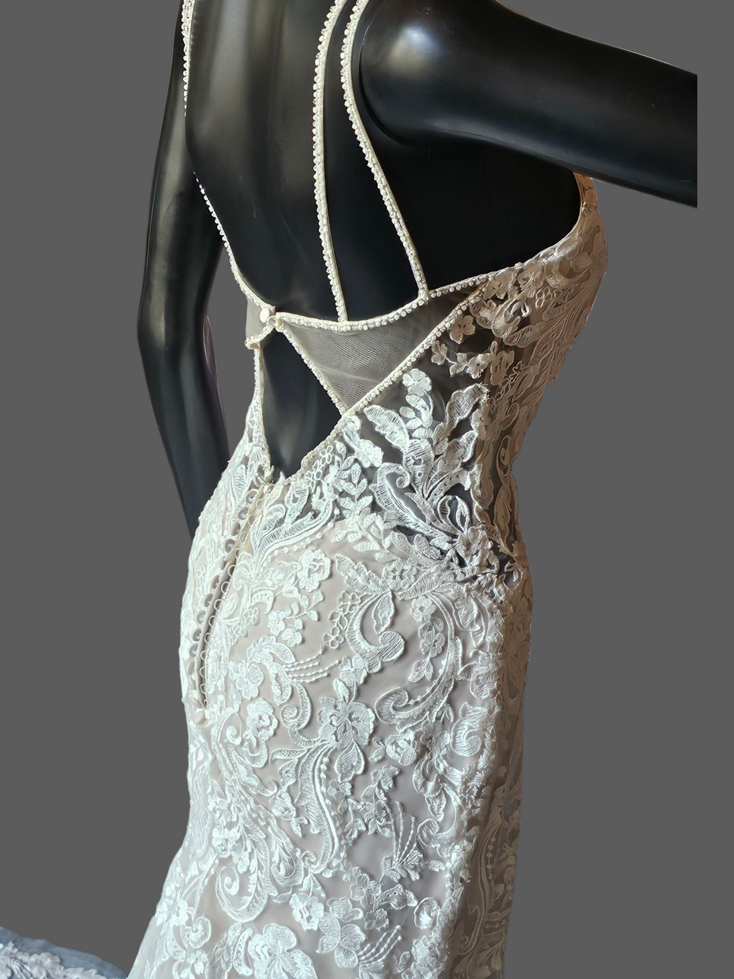 Ivory/Cappuccino Lace Halter Fit/Flare Scallop Train Wedding Gown - Mori Lee