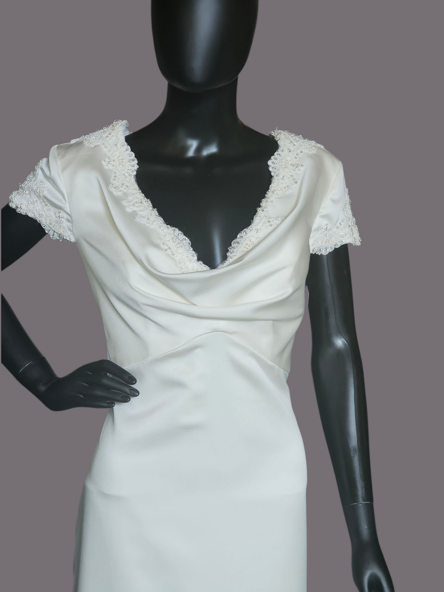 Ivory Silky Satin Cowl Neck Wedding Gown Sheath  - Casablanca