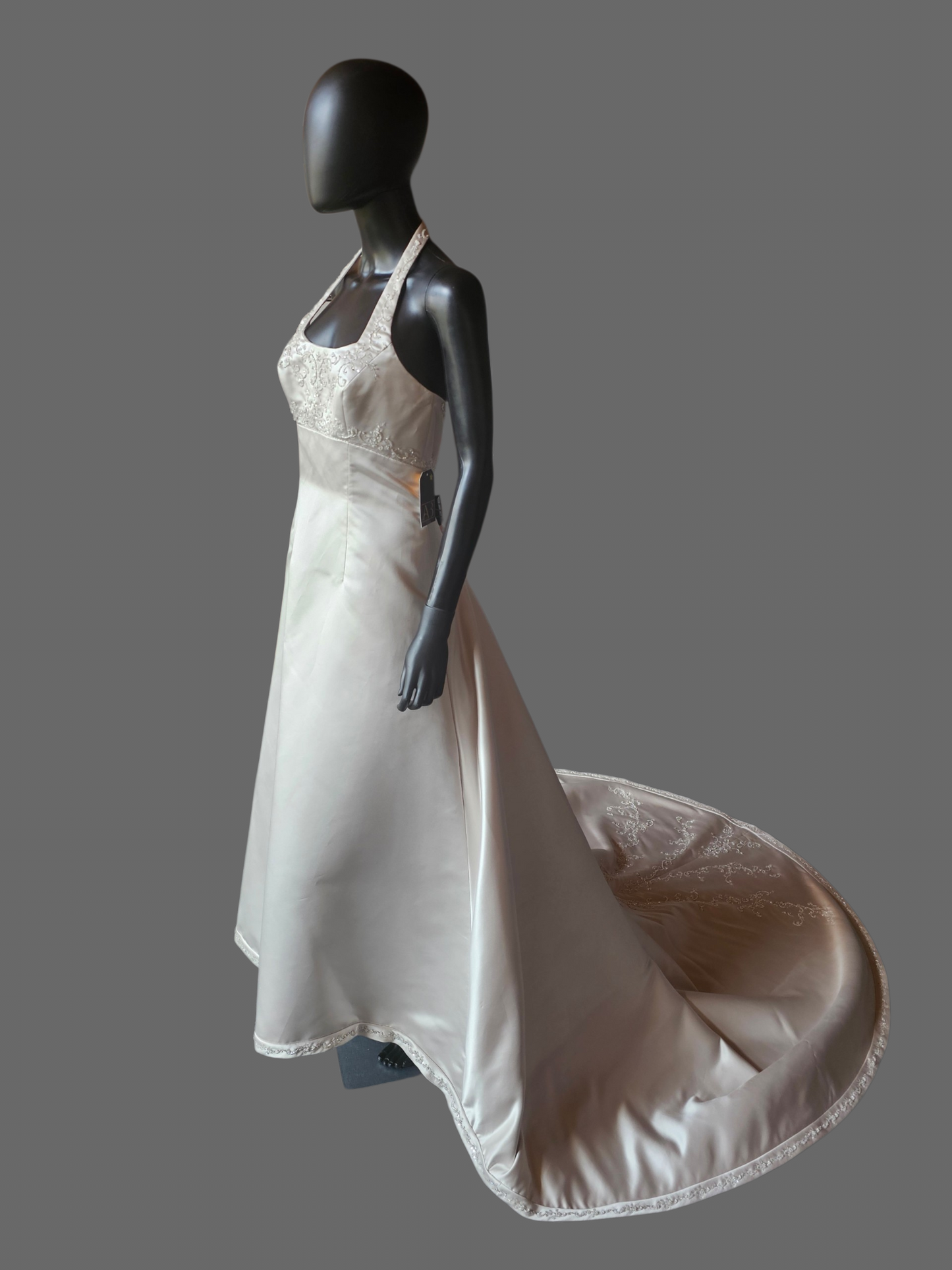 Oyster Satin Empire Square Neck Halter Wedding Gown