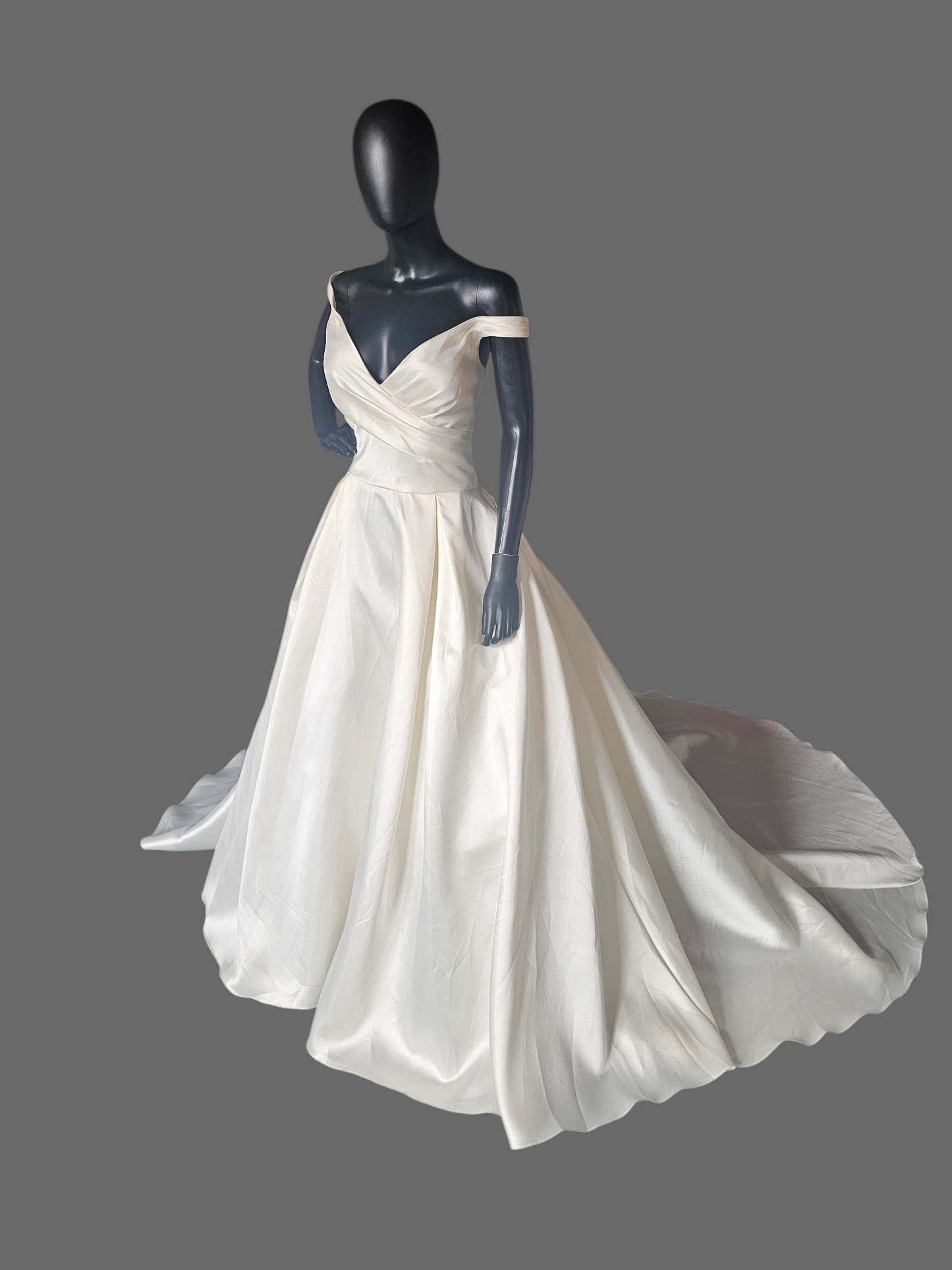 Ivory Mikado Off Shoulder  A-Line Wedding Gown W/Removable Bow - Ashley + Justin