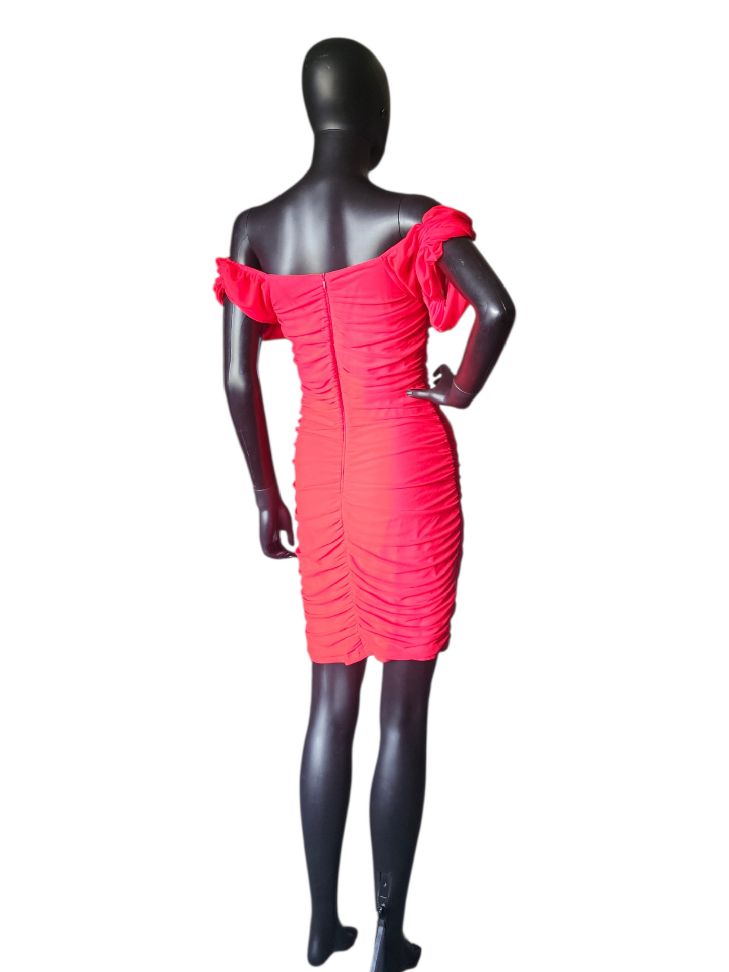 Red Net Ruched Cap Sleeve