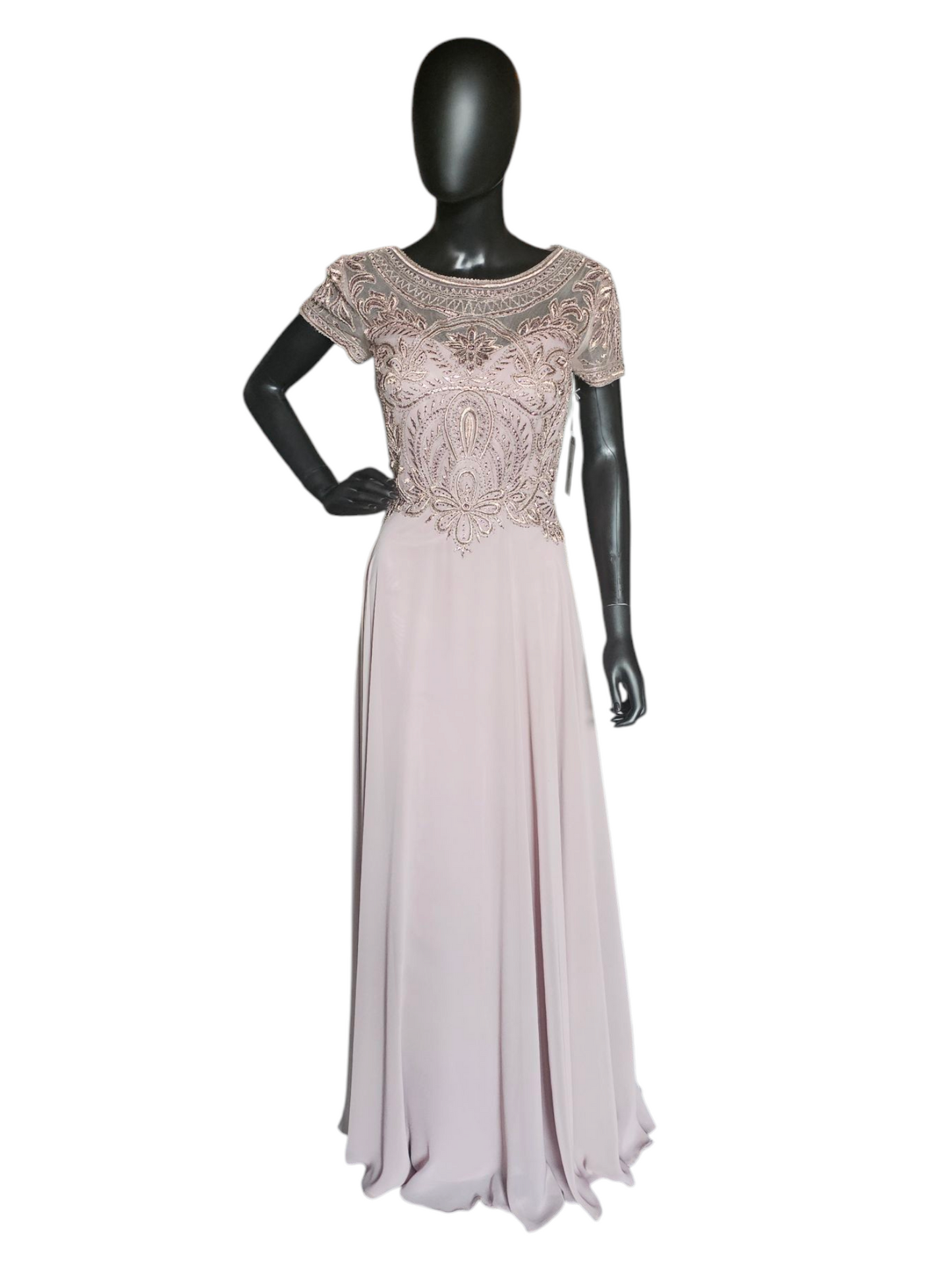 Lilac Chiffon Cap Sleeve Embroidered Formal Gown - MGNY