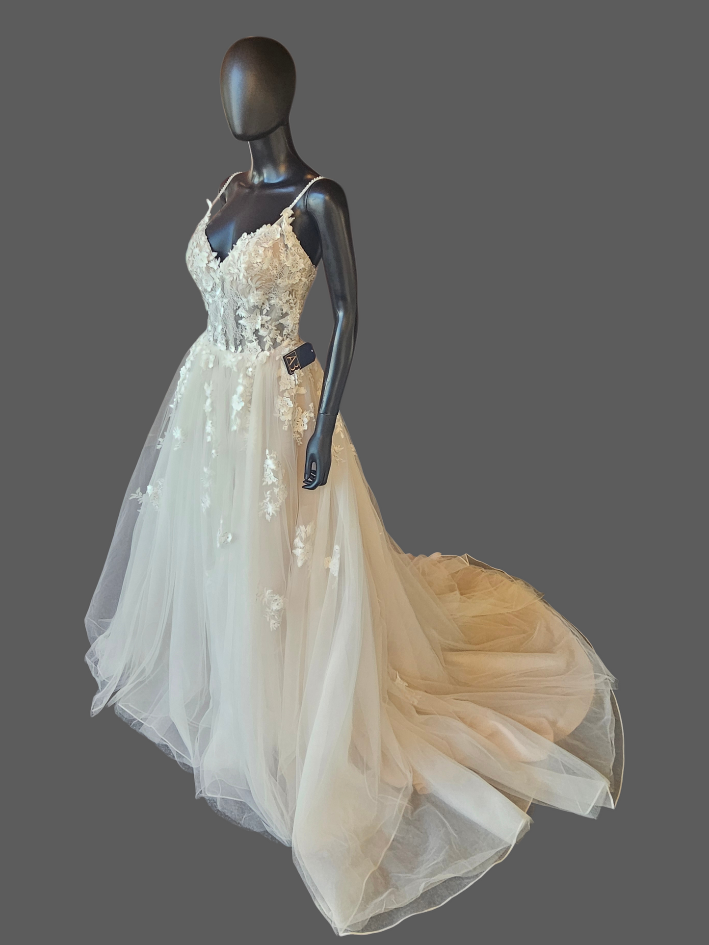 Ivory/Champagne 3D Floral Full Skirt Boho Lace Illusion Bodice Wedding Gown - Beloved