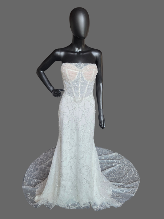 Ivory Straight Strapless Fitted Pearl/Silver Vine Wedding Gown - Willow