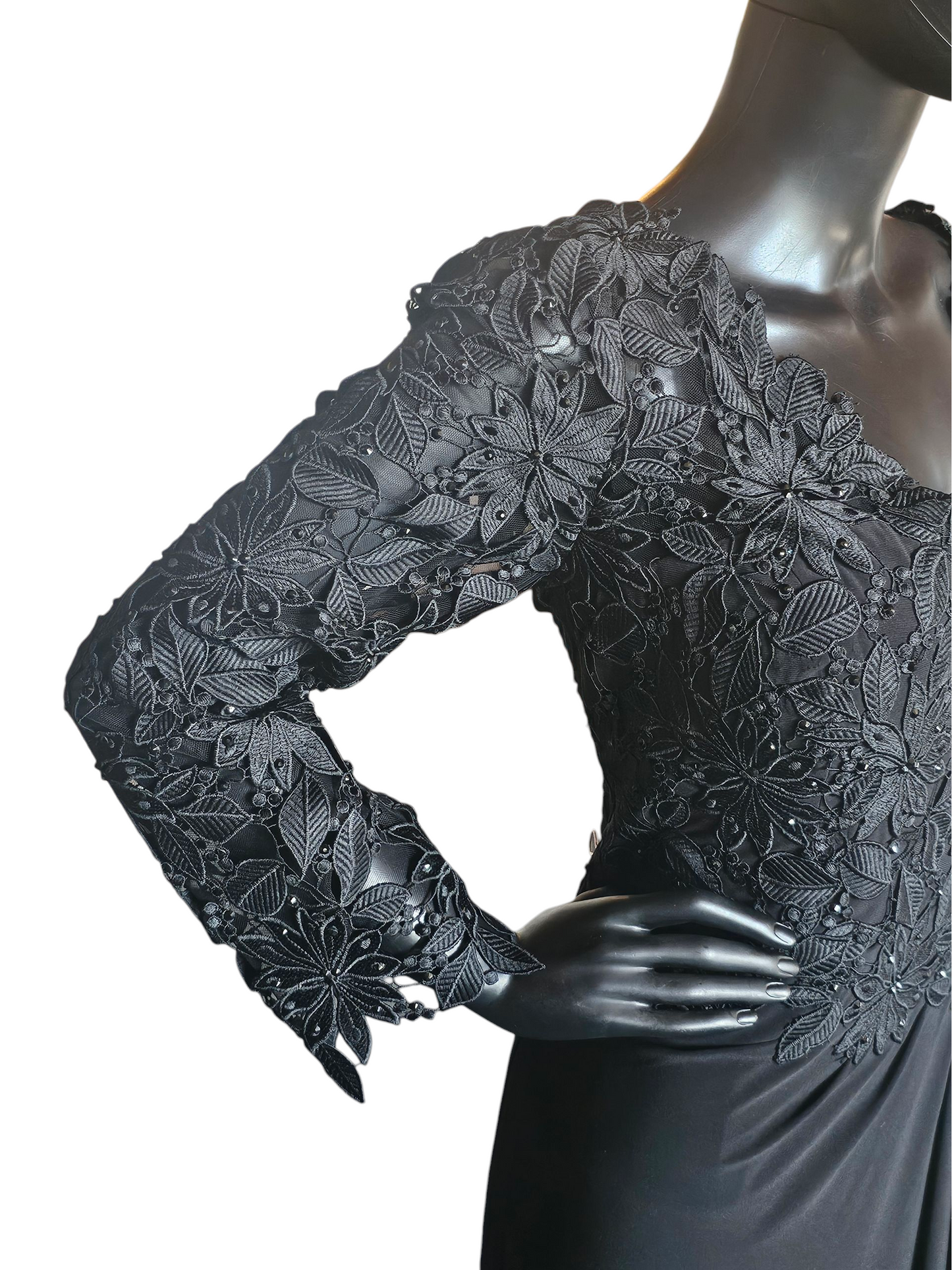 Black Open Weave Lace Long Sleeve V-Neck Formal Dress - Madeline Gardner