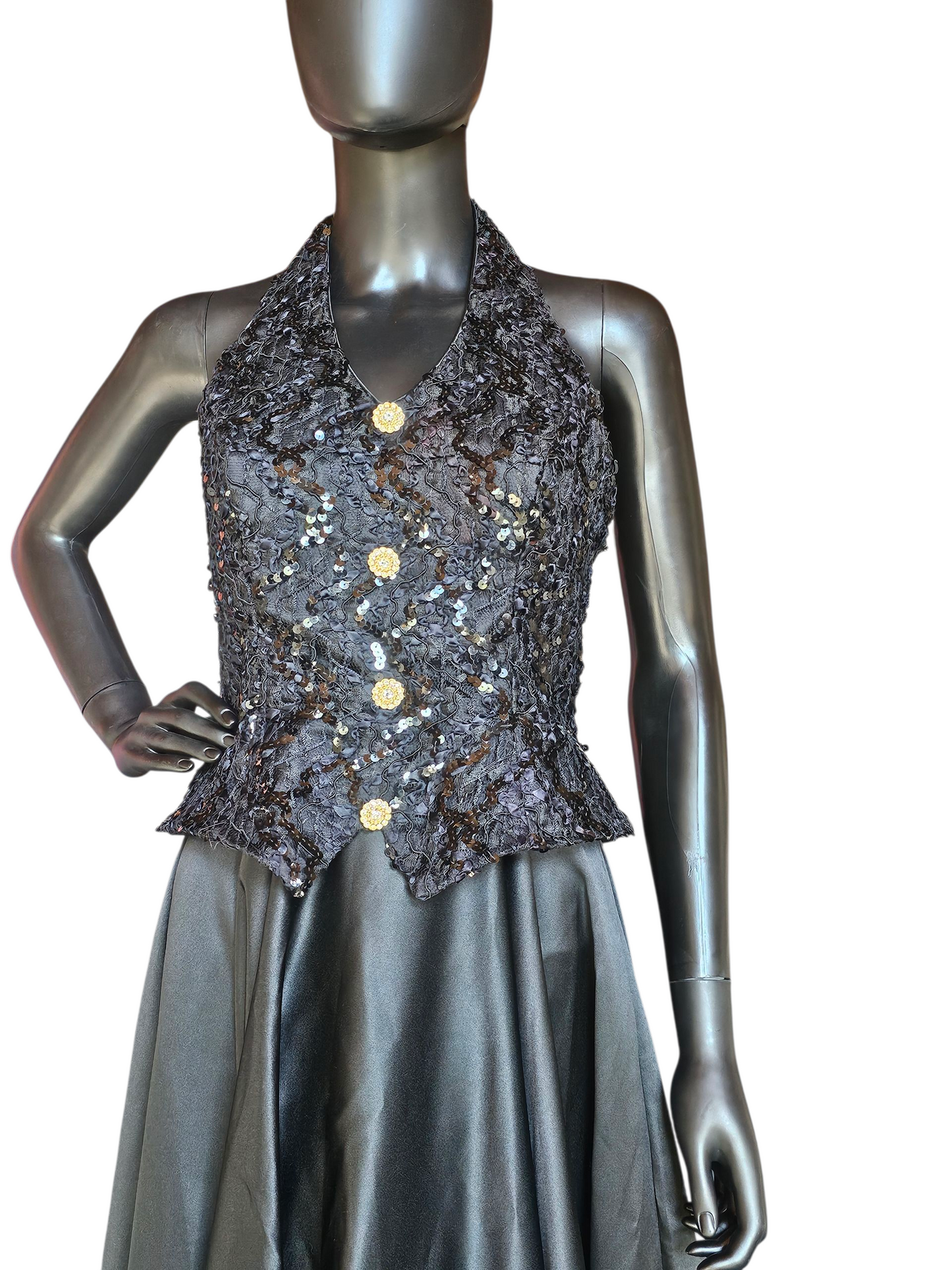 Vintage Black Lace/Satin Halter Formal Dress - Bari Jay
