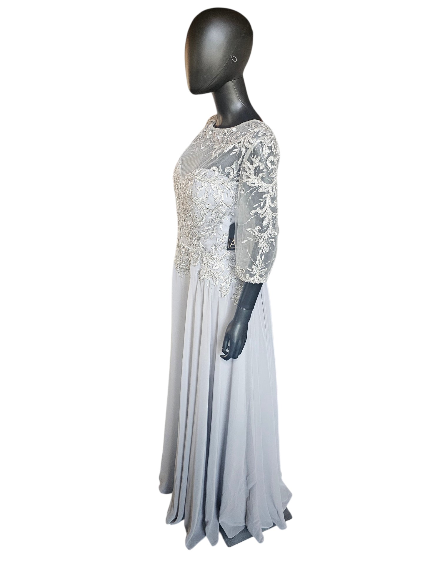 Silver Lace 3/4 Sleeve A-Line Formal Gown - MGNY