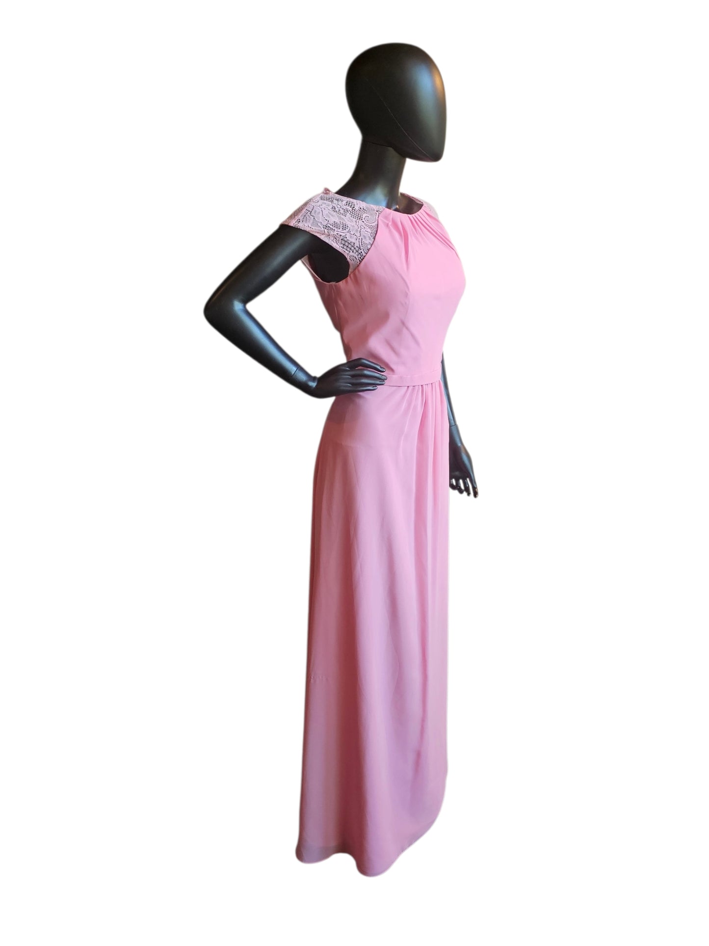 Pink Jewel Collar Belted Sheath Lace Cap Sleeve Maxi Formal Dress - Alexia