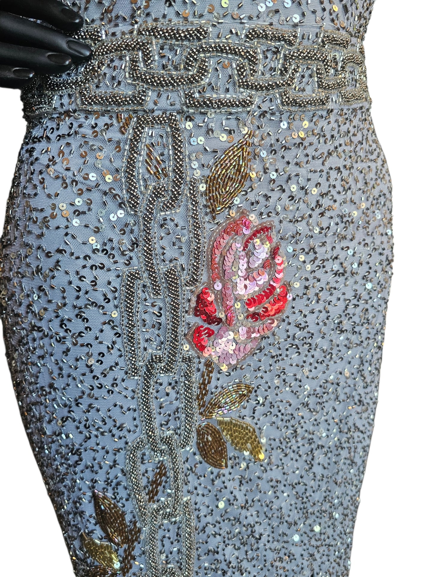 Pewter/Gold/Rose Fully Beaded V-Neck Fitted Maxi Formal/Gala/Prom Dress - Primavera