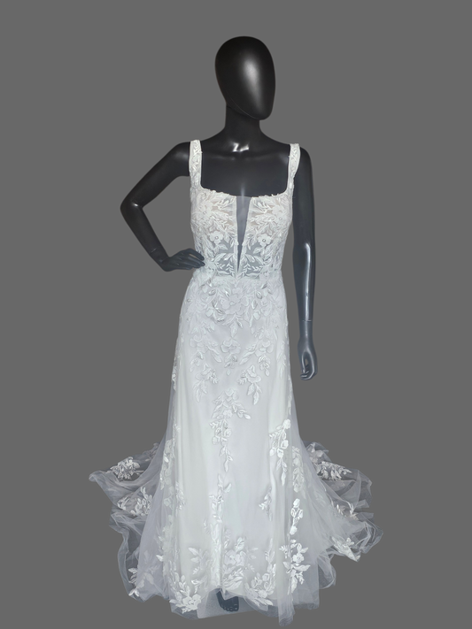 Floral Lace Fit/Flare Scoop Neck Plunge  Wedding Gown - Rebecca Ingram