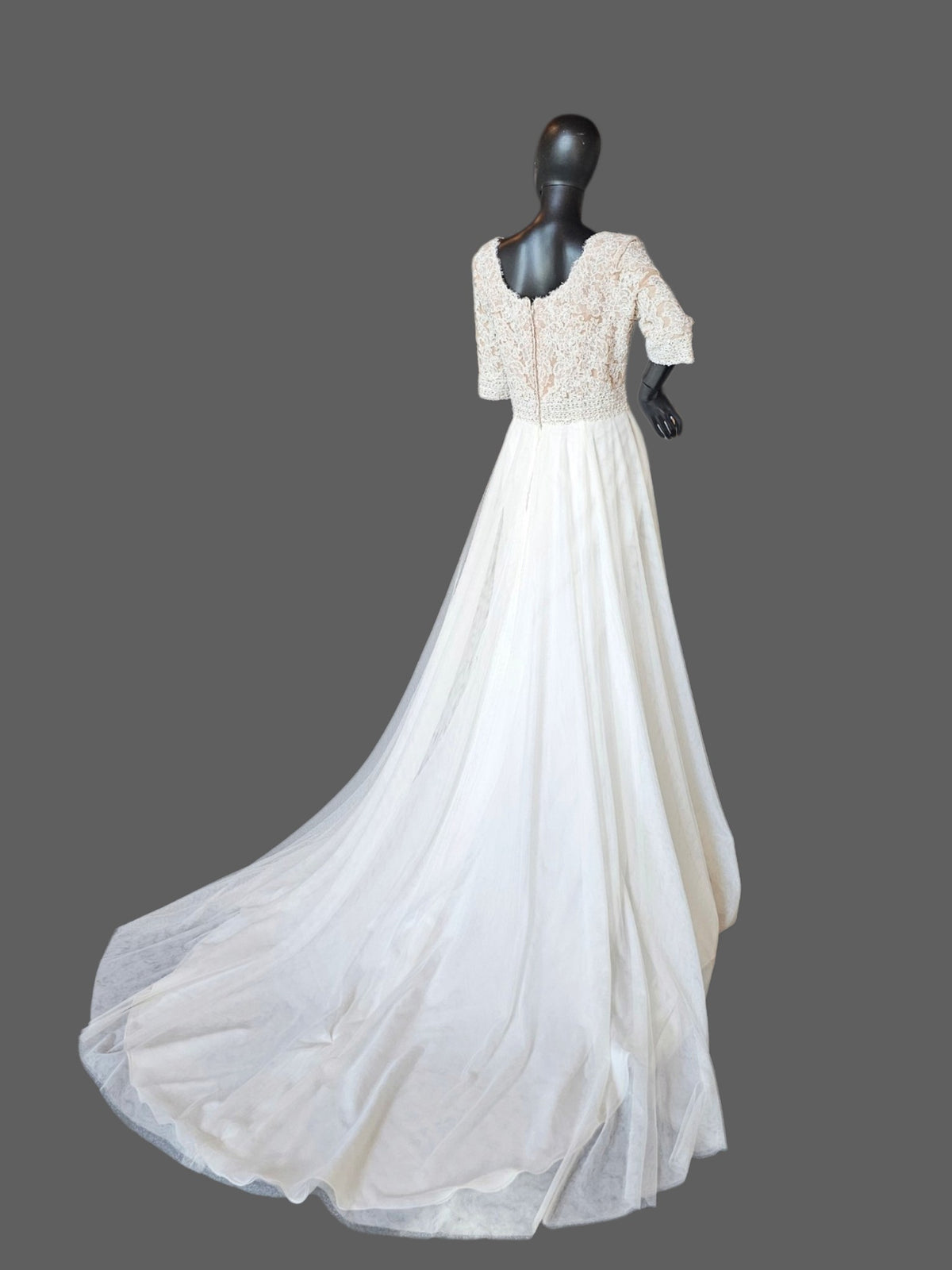 Ivory Scoop Neck Lace 3/4 Sleeve A-Line Net Wedding Gown - Maggie Sottero