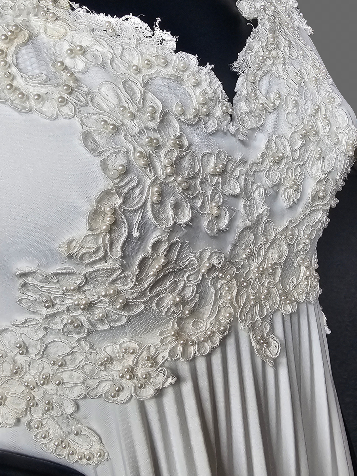 Vintage White 3/4 Sleeve Jersey Lace Detail V-Neck Wedding Gown - Renewal