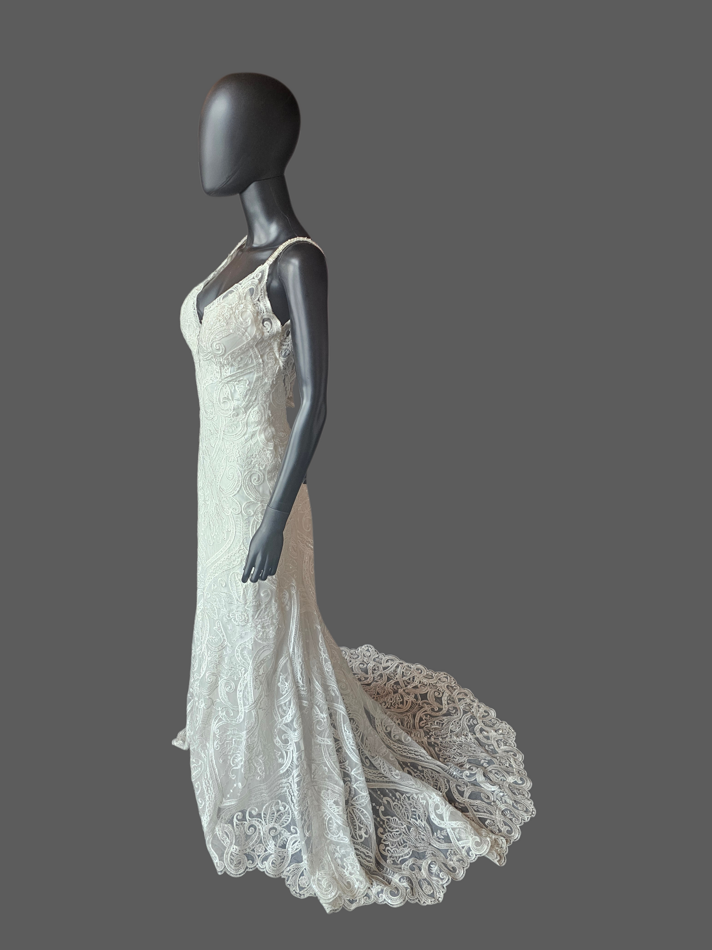 White Plunge V-Neck Lace Fit/Flare Wedding Gown - Hadley Bloom