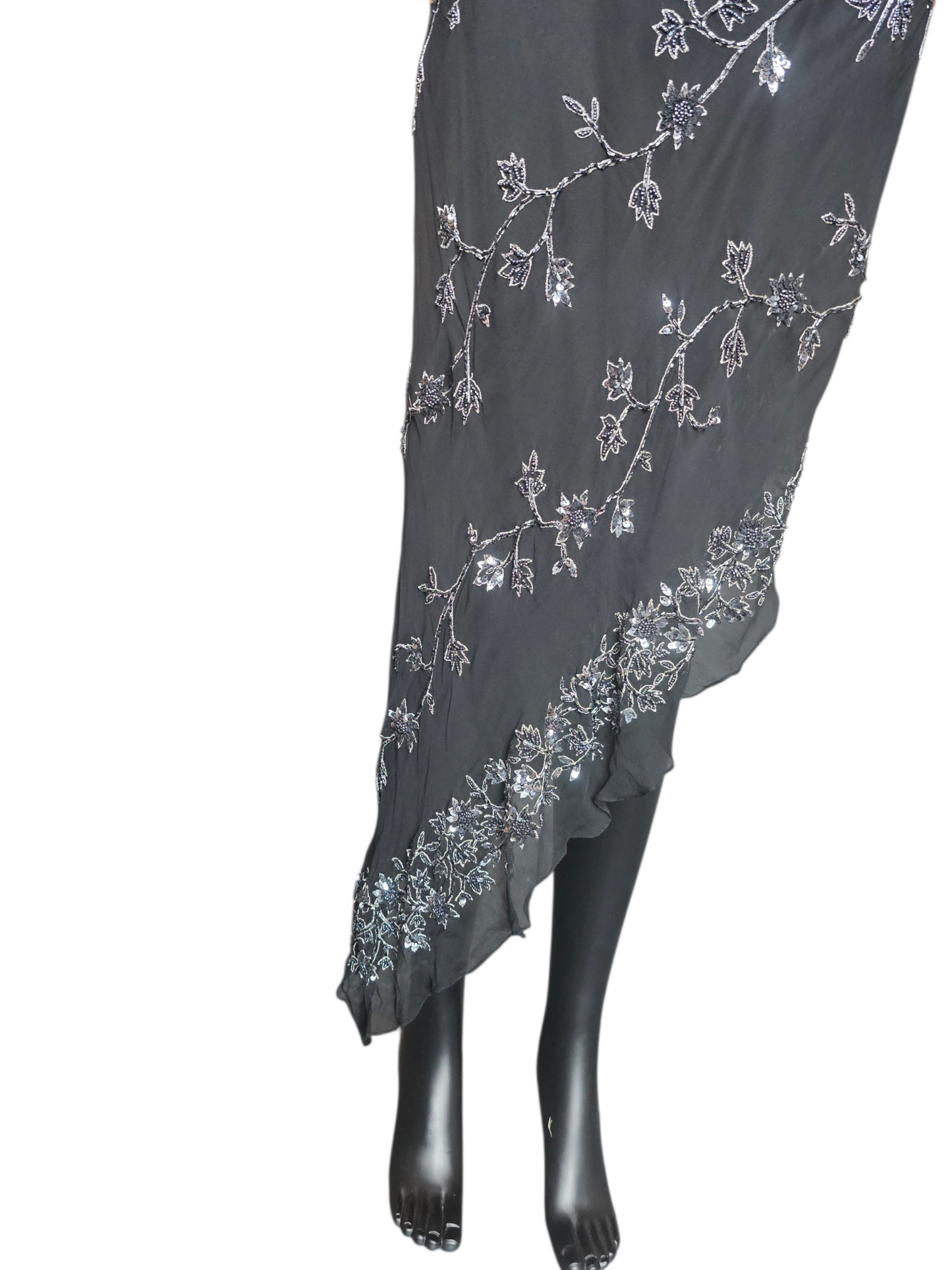 100% Silk Vintage Black Beaded Asymmetrical HighLow Dress - Scala