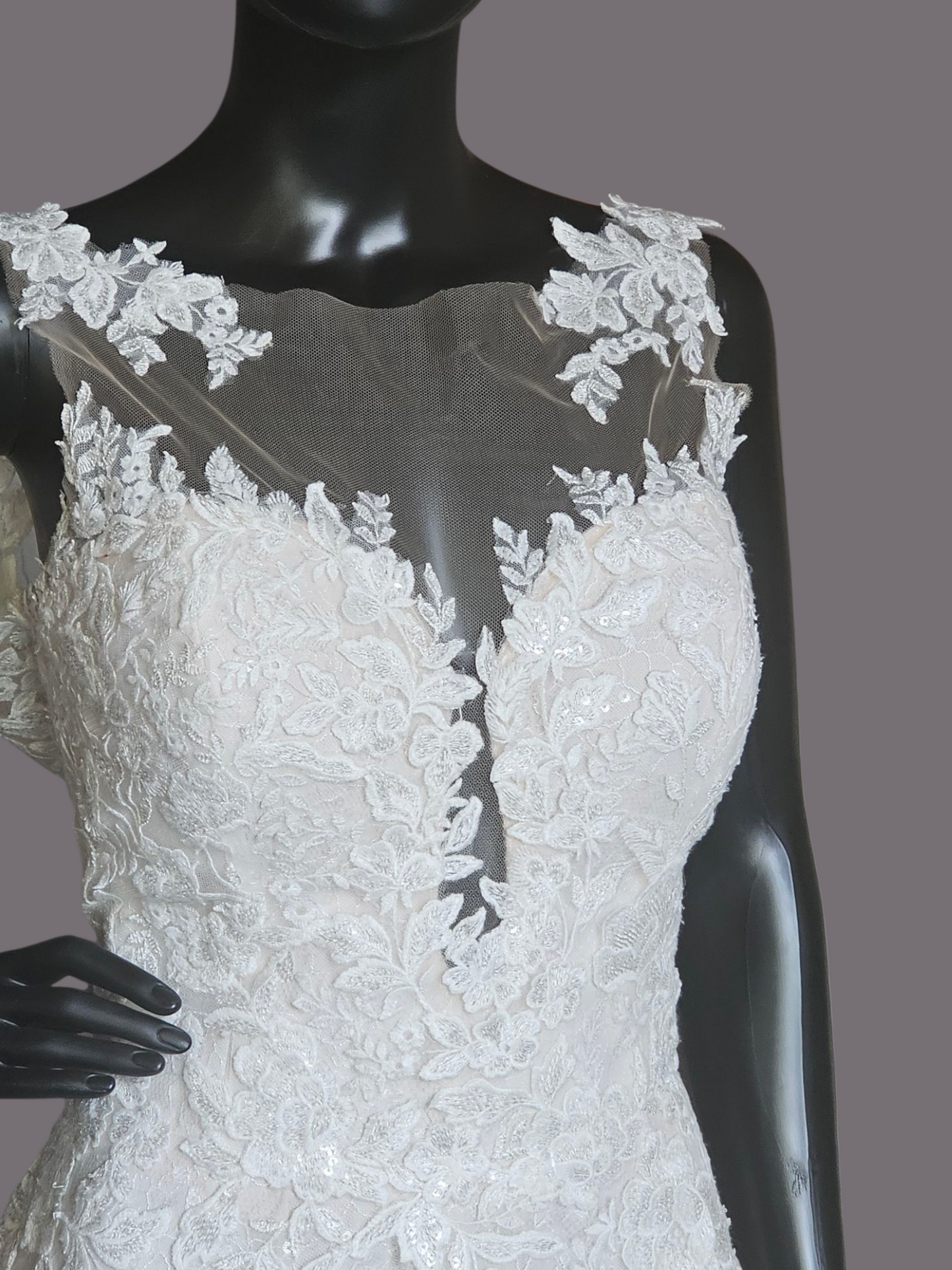 Ivory Illusion Neckline Plunge A-Line Floral Lace Wedding Gown - Morilee