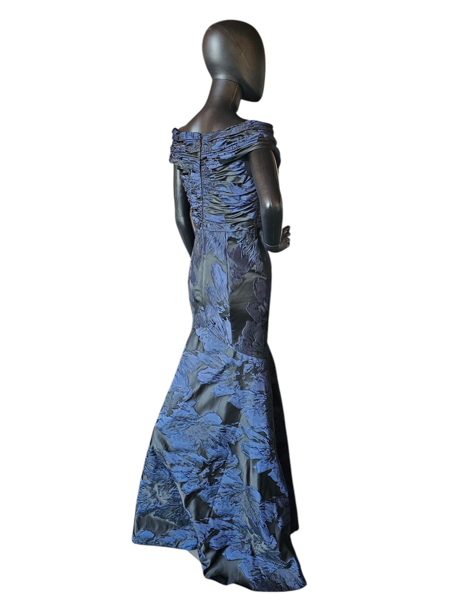 Black/Navy Jacquard Off Shoulder Fit/Flare Formal Gown - Madeline Gardner