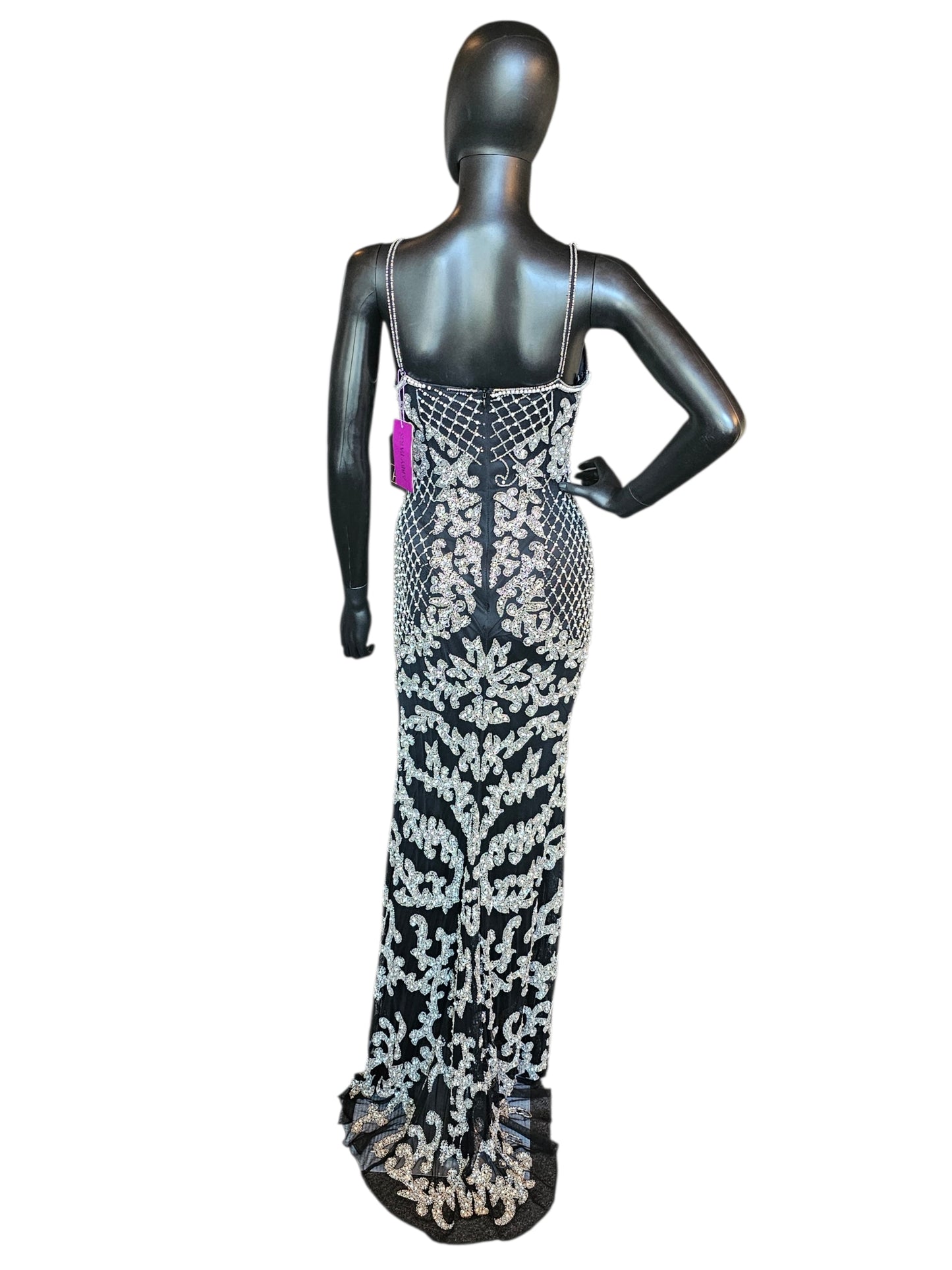 Black/Silver/Pearl Halter Fitted Beaded Spaghetti Straps Formal/Prom/Gala Dress - Abby Paris