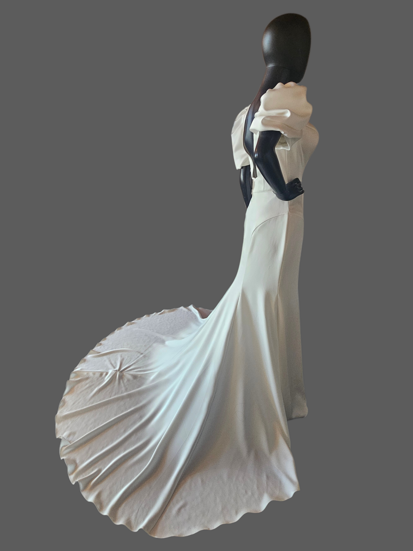 Ivory Silky Satin Fitted Square Neck Puff Sleeve Minimalist Wedding Gown - Casablanca