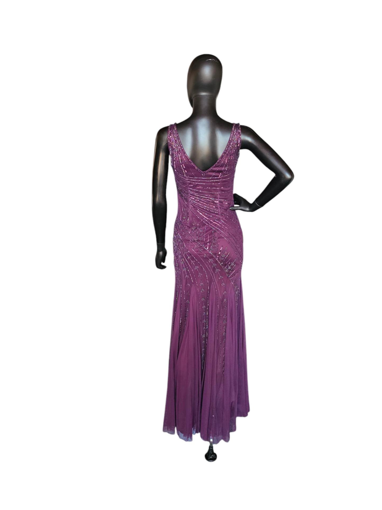 Plum V-neck Beaded Formal Gown - Night Scene