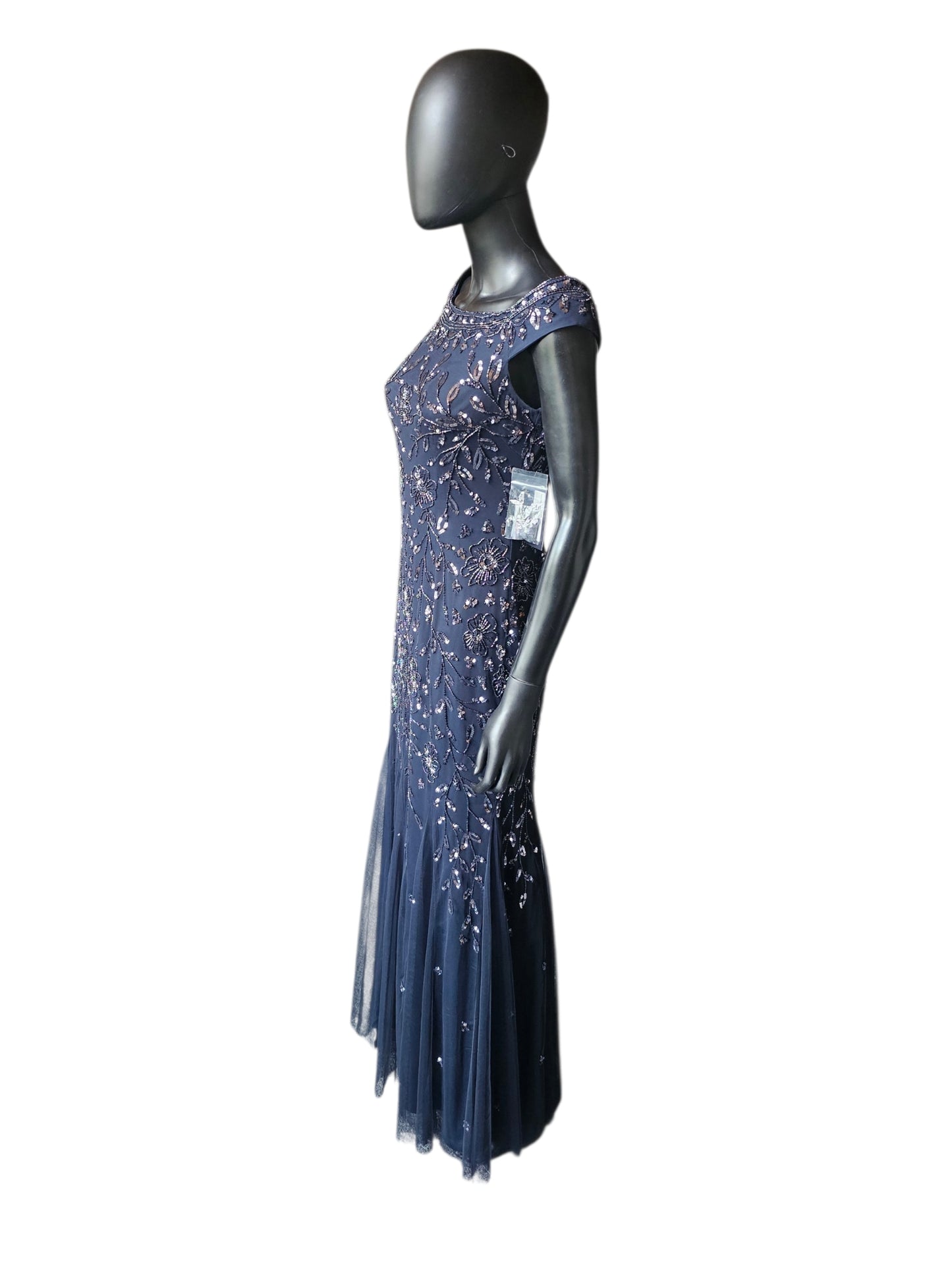 Navy Beaded Fit/Flare Off Shoulder Full Length Formal Dress - Oleg Cassini