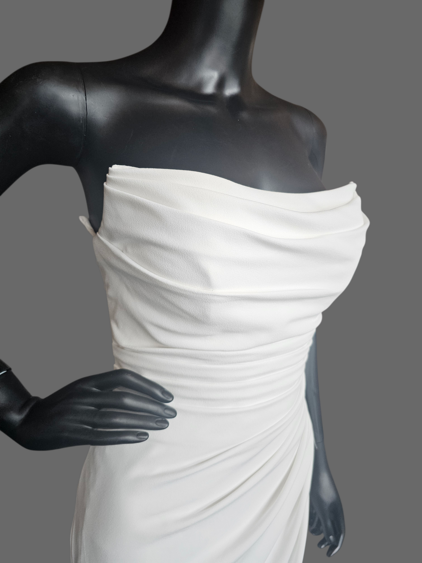 Ivory Crepe Fit and Flare Cat Eye Neckline Wedding Gown (Petite) - Selby Rae RENEWAL