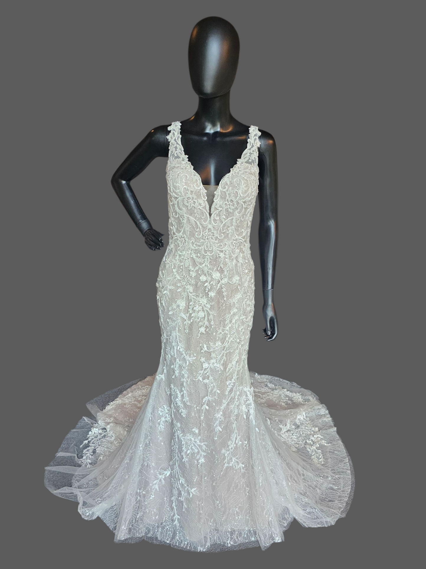 Ivory/Latte Beaded Lace Illusion Back Plunge Fit and Flare Wedding Gown - Da Vinci