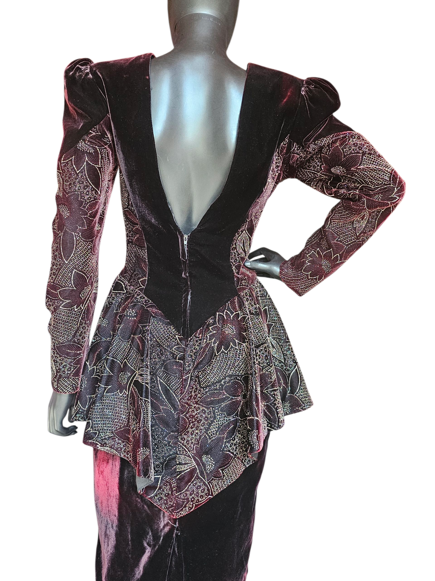 Vintage Dark Burgandy Velvet Peplum Party Dress - Jessica McClintock
