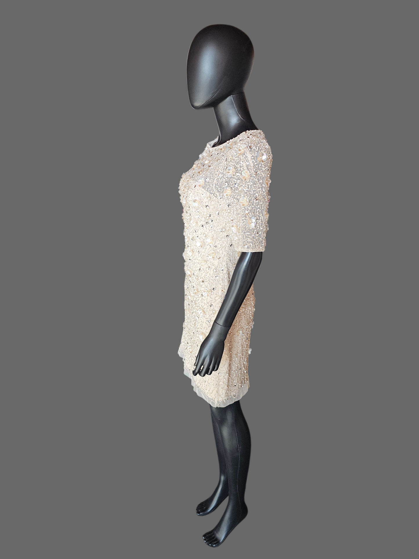 Nude Short Cap Sleeve Floral Beaded Cocktail Dress - Adrianna Papell