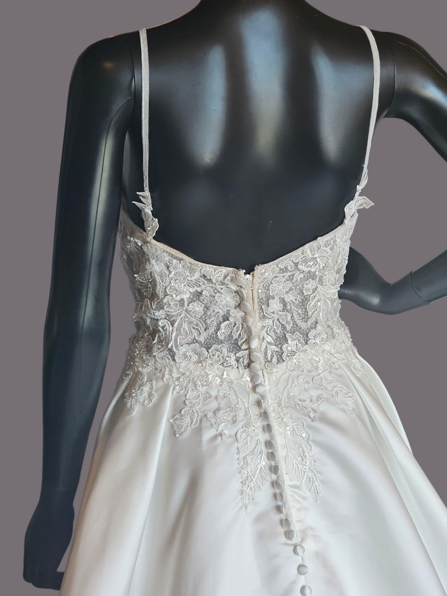 Ivory Satin Plunge Illusion Bodice Removable Feather Straps Wedding Gown - Amy & Eve